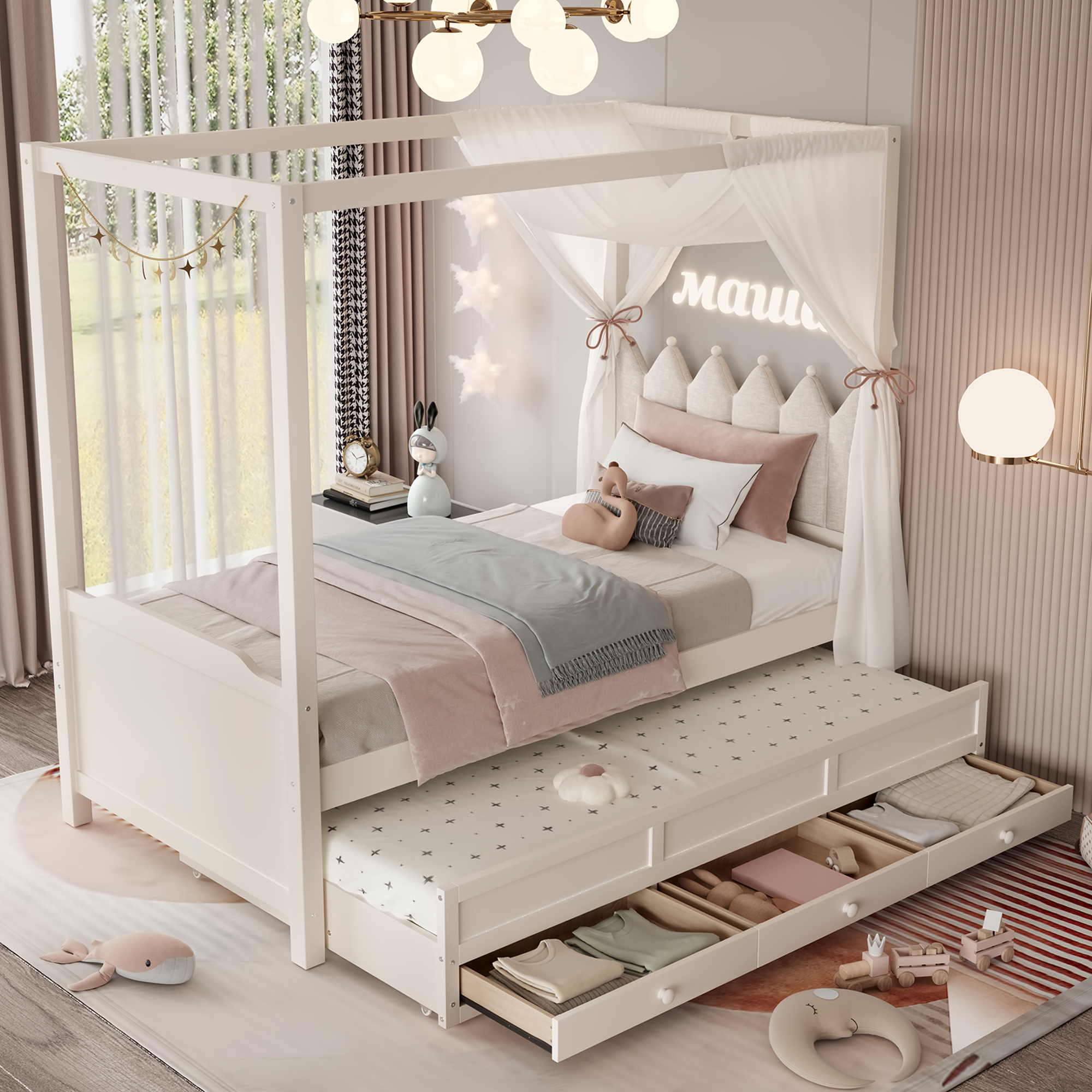 Twin Platform Bed with Upholstered Headboard,Twin Size Trundle and 3 Drawers,Princess Canopy Bed Frame for Kids,Storage & Easy Assembly,Beige - Image 3