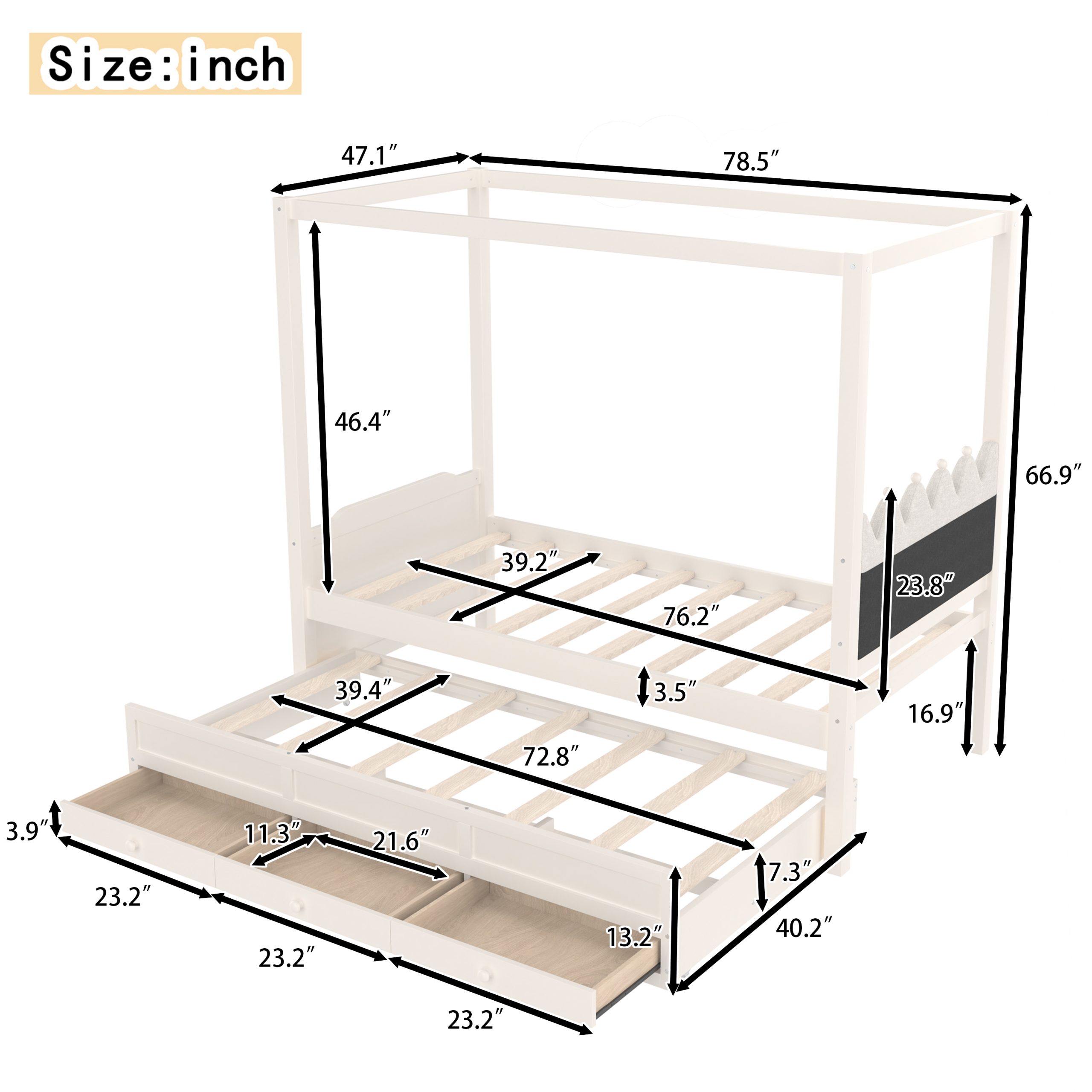 Twin Platform Bed with Upholstered Headboard,Twin Size Trundle and 3 Drawers,Princess Canopy Bed Frame for Kids,Storage & Easy Assembly,Beige - Image 4