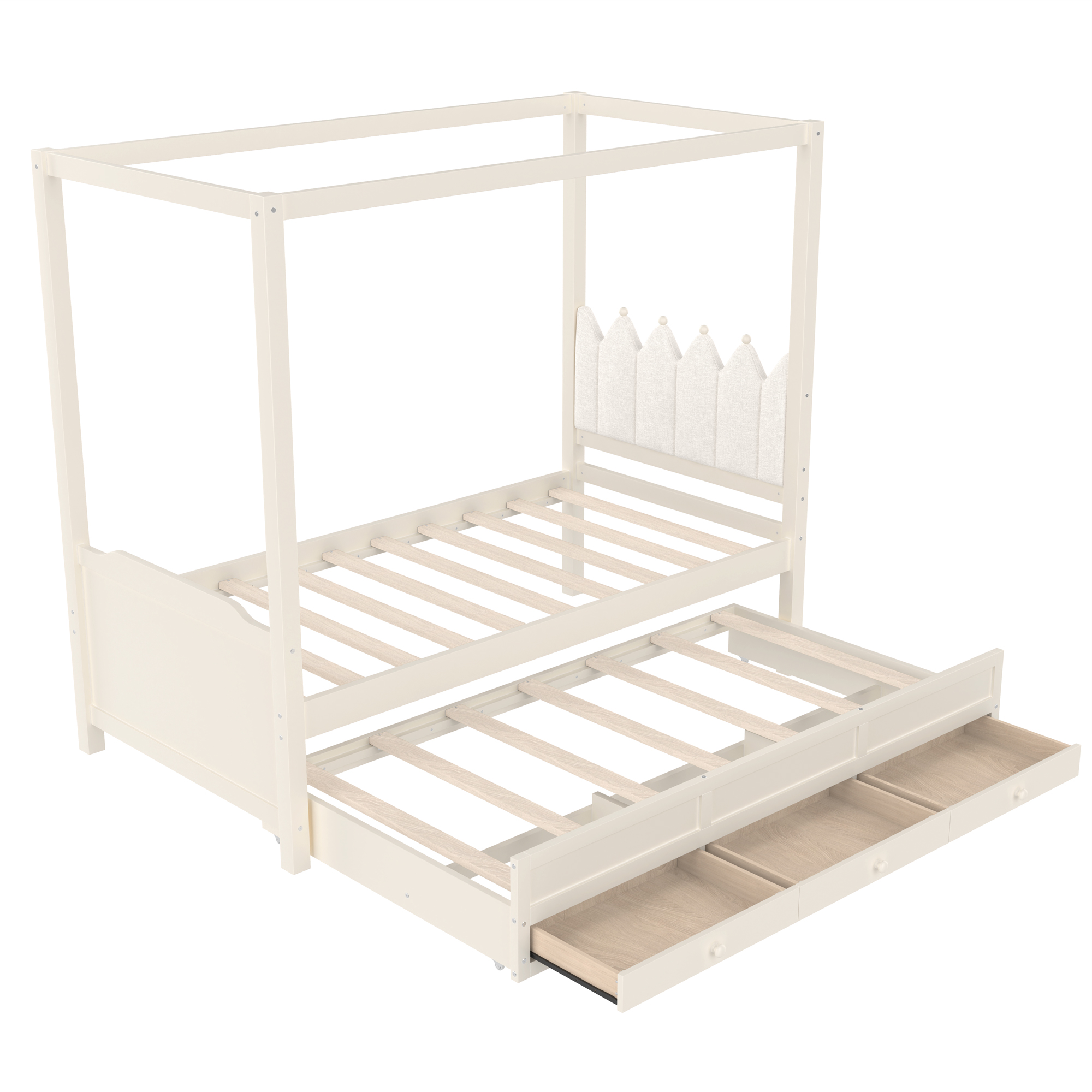 Twin Platform Bed with Upholstered Headboard,Twin Size Trundle and 3 Drawers,Princess Canopy Bed Frame for Kids,Storage & Easy Assembly,Beige - Image 5