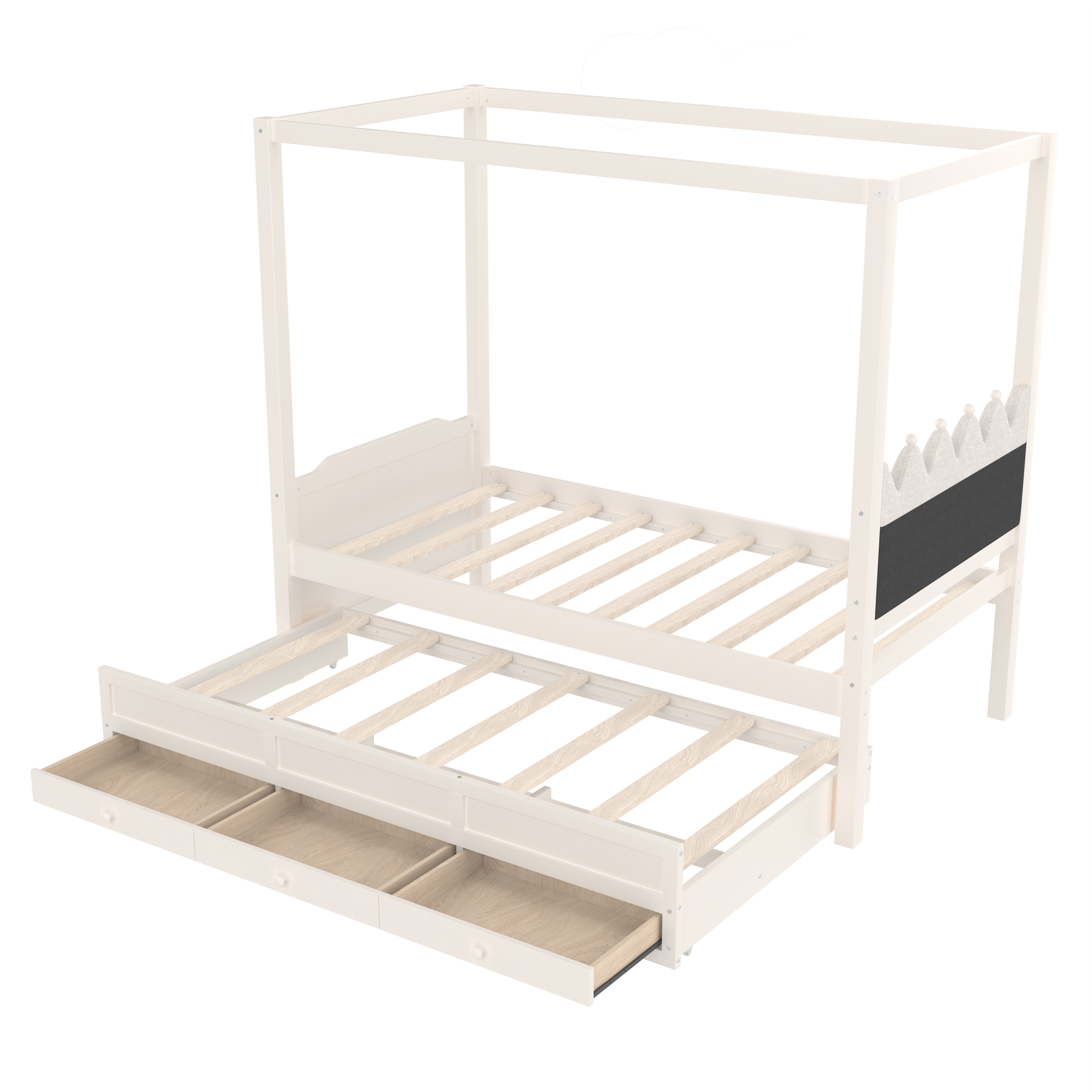 Twin Platform Bed with Upholstered Headboard,Twin Size Trundle and 3 Drawers,Princess Canopy Bed Frame for Kids,Storage & Easy Assembly,Beige - Image 6