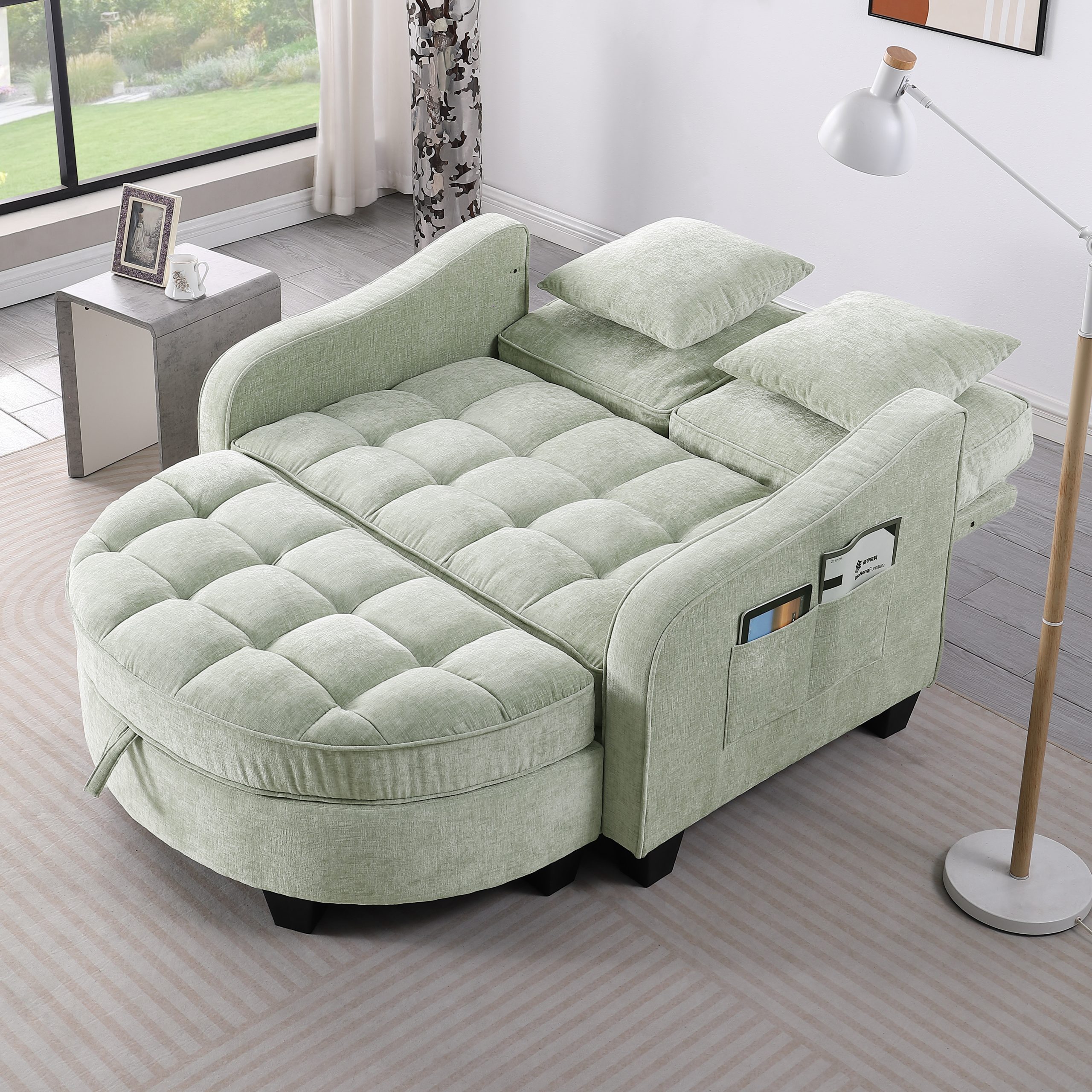 Two-seater sofa, double sofa chaise longue, with irregular armrests and backrests, footrest with storage space, comes with two small throw pillows, suitable for living room and bedroom - Cyan - Image 2