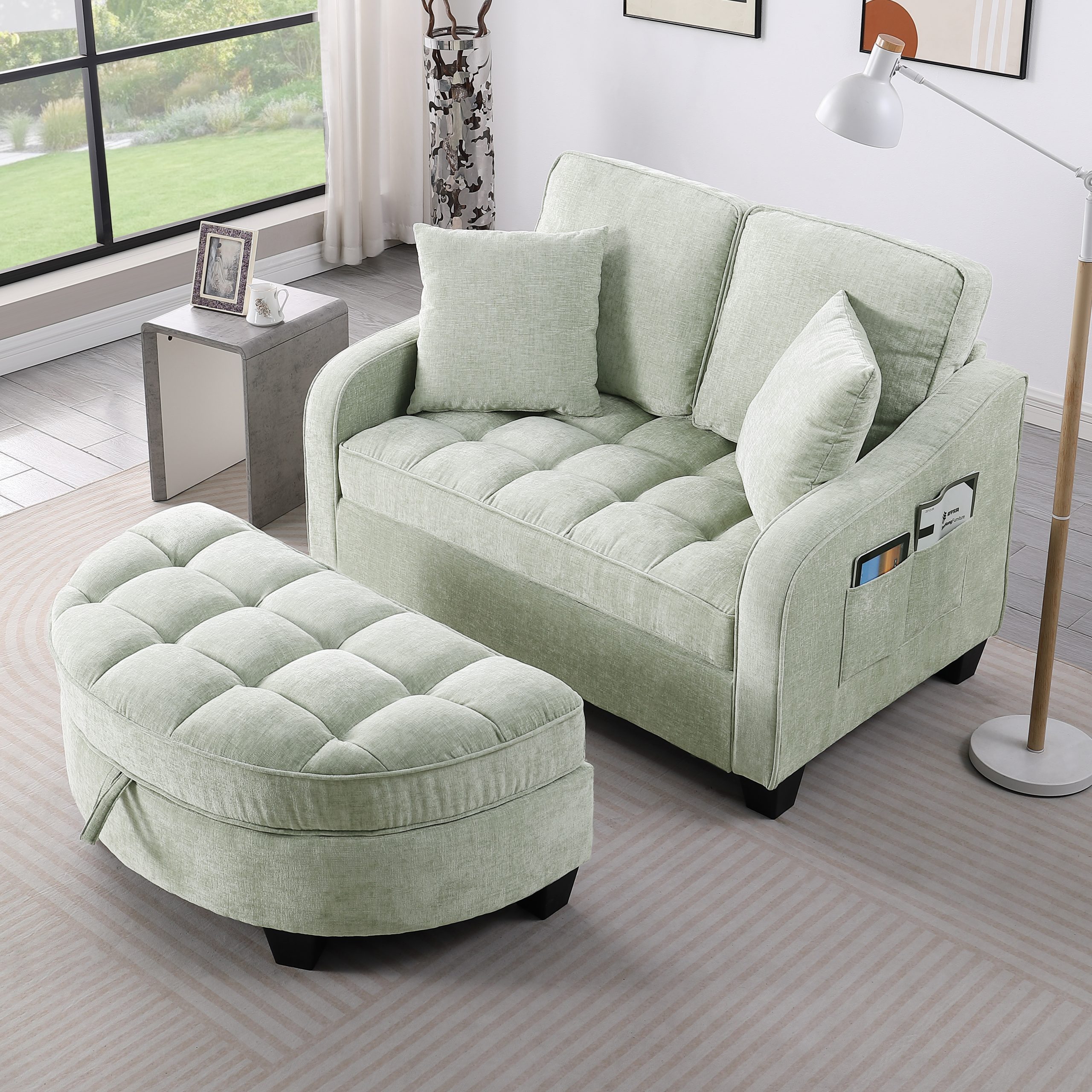 Two-seater sofa, double sofa chaise longue, with irregular armrests and backrests, footrest with storage space, comes with two small throw pillows, suitable for living room and bedroom - Cyan - Image 3