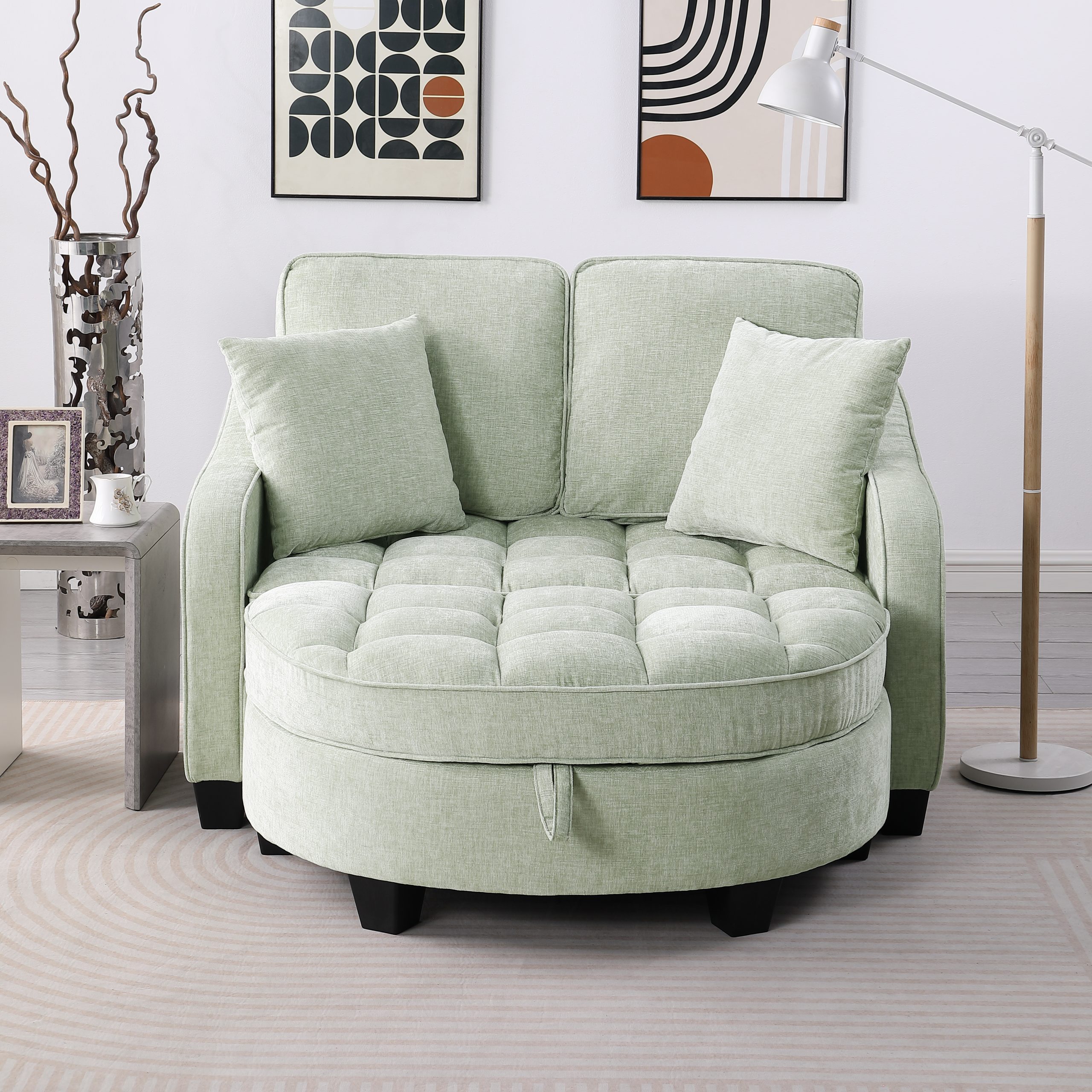 Two-seater sofa, double sofa chaise longue, with irregular armrests and backrests, footrest with storage space, comes with two small throw pillows, suitable for living room and bedroom - Cyan - Image 4