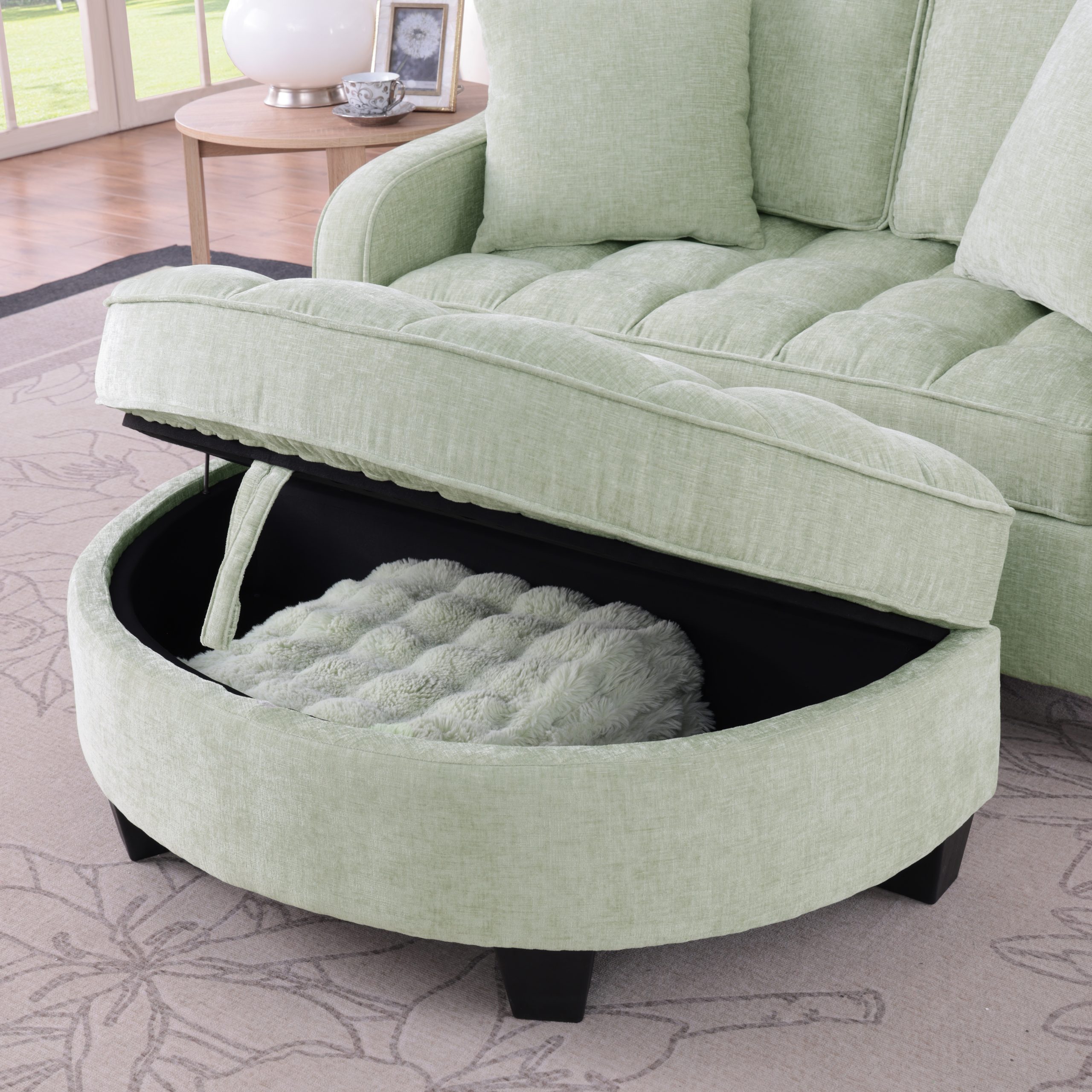 Two-seater sofa, double sofa chaise longue, with irregular armrests and backrests, footrest with storage space, comes with two small throw pillows, suitable for living room and bedroom - Cyan - Image 5