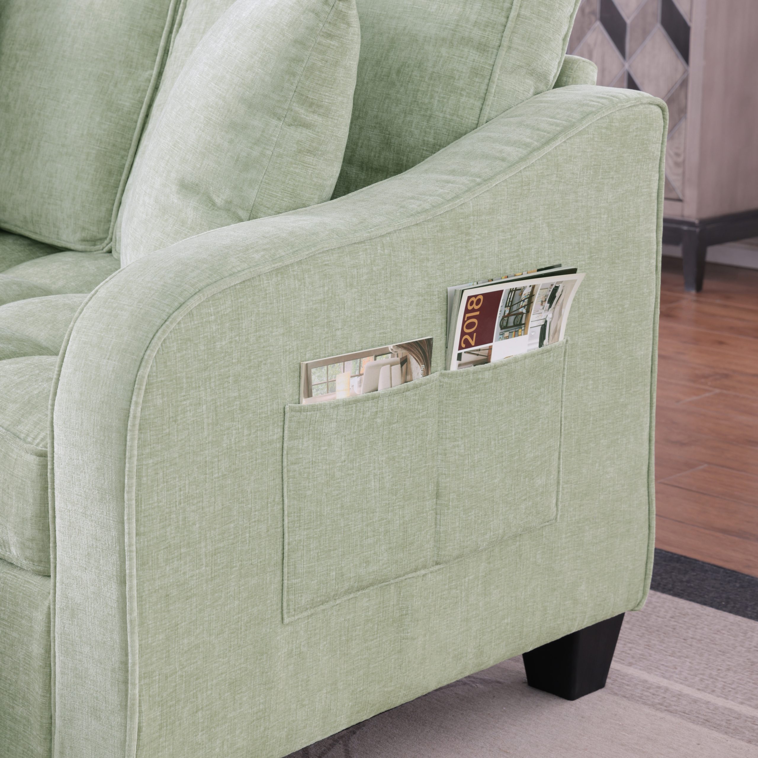 Two-seater sofa, double sofa chaise longue, with irregular armrests and backrests, footrest with storage space, comes with two small throw pillows, suitable for living room and bedroom - Cyan - Image 6