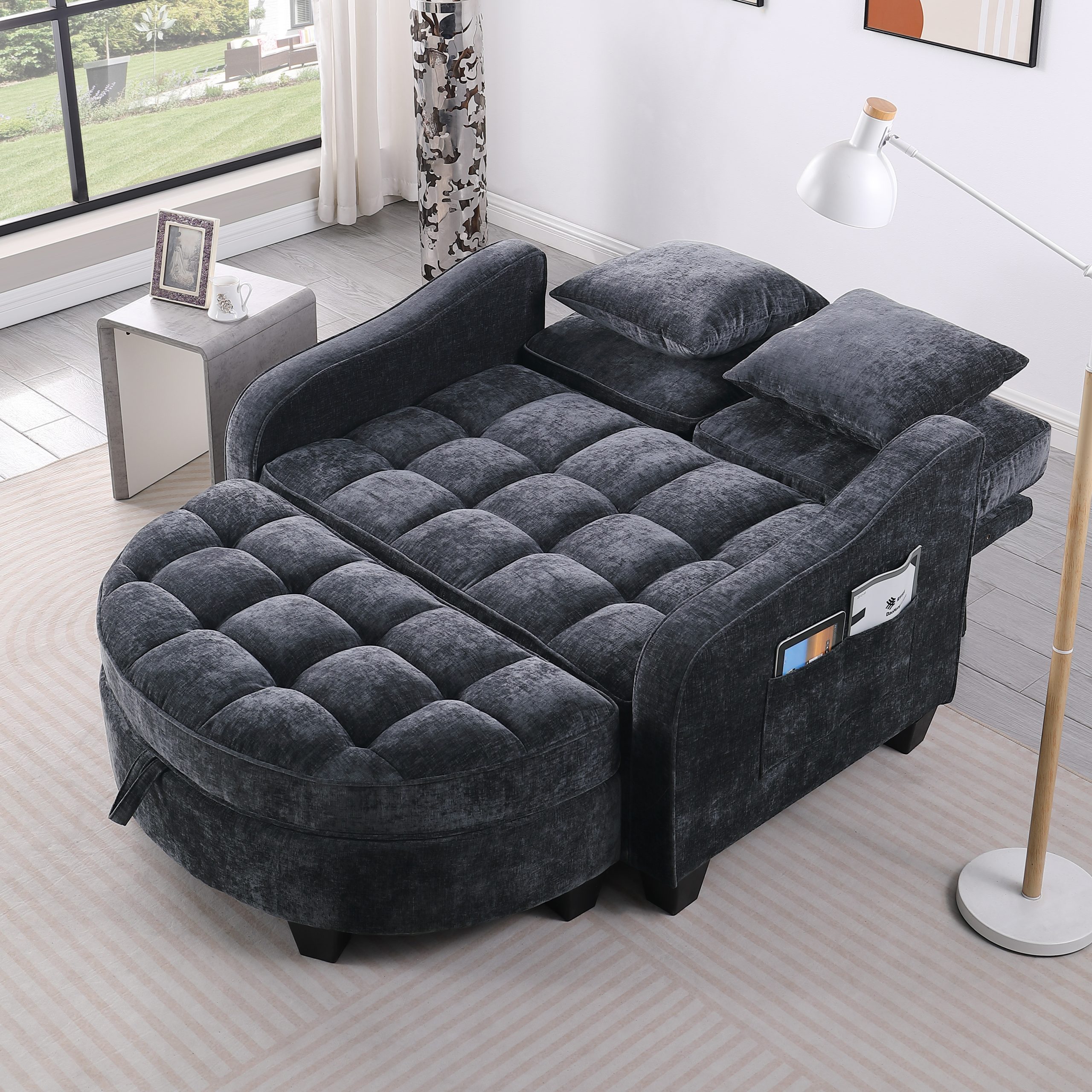 Two-seater sofa, double sofa chaise longue, with irregular armrests and backrests, footrest with storage space, comes with two small throw pillows, suitable for living room and bedroom - Black - Image 2