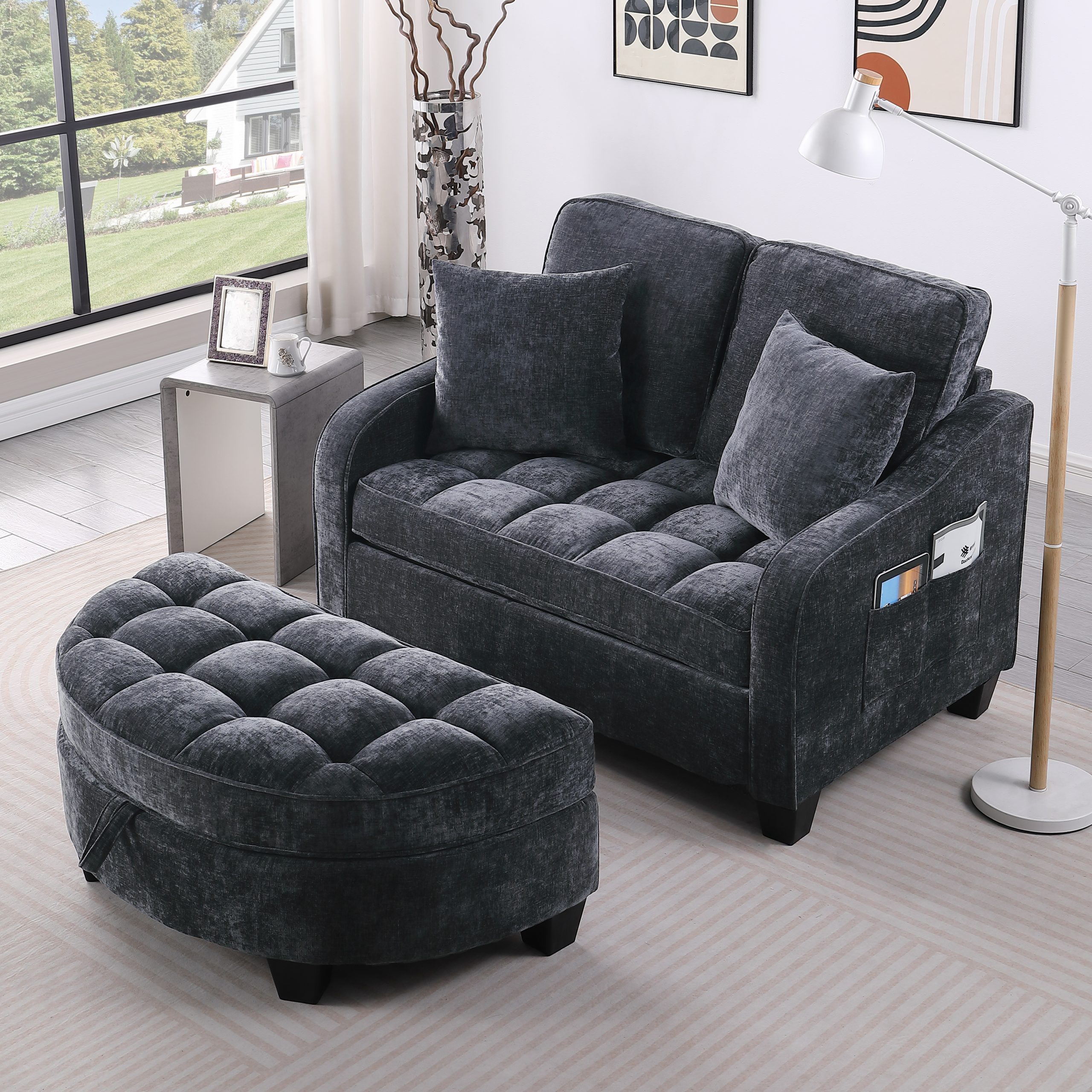 Two-seater sofa, double sofa chaise longue, with irregular armrests and backrests, footrest with storage space, comes with two small throw pillows, suitable for living room and bedroom - Black - Image 3
