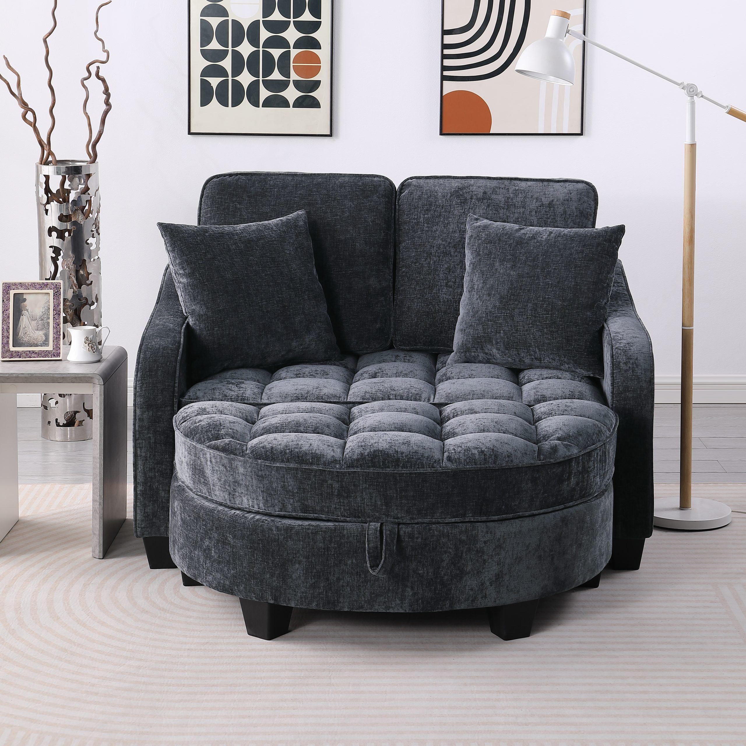 Two-seater sofa, double sofa chaise longue, with irregular armrests and backrests, footrest with storage space, comes with two small throw pillows, suitable for living room and bedroom - Black - Image 4