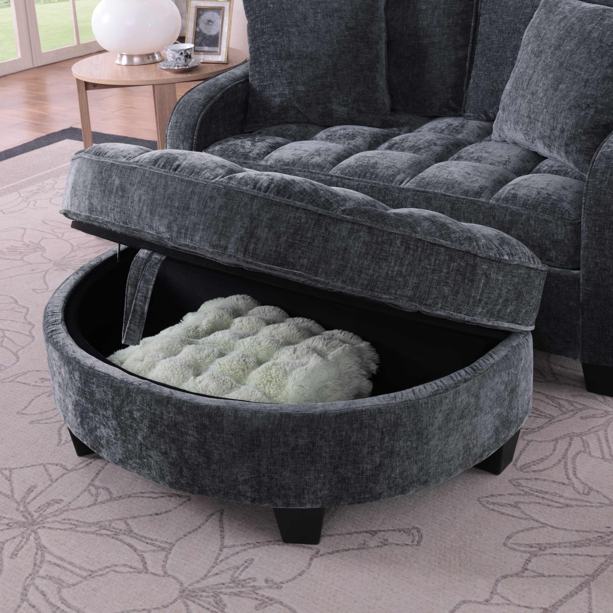 Two-seater sofa, double sofa chaise longue, with irregular armrests and backrests, footrest with storage space, comes with two small throw pillows, suitable for living room and bedroom - Black - Image 5