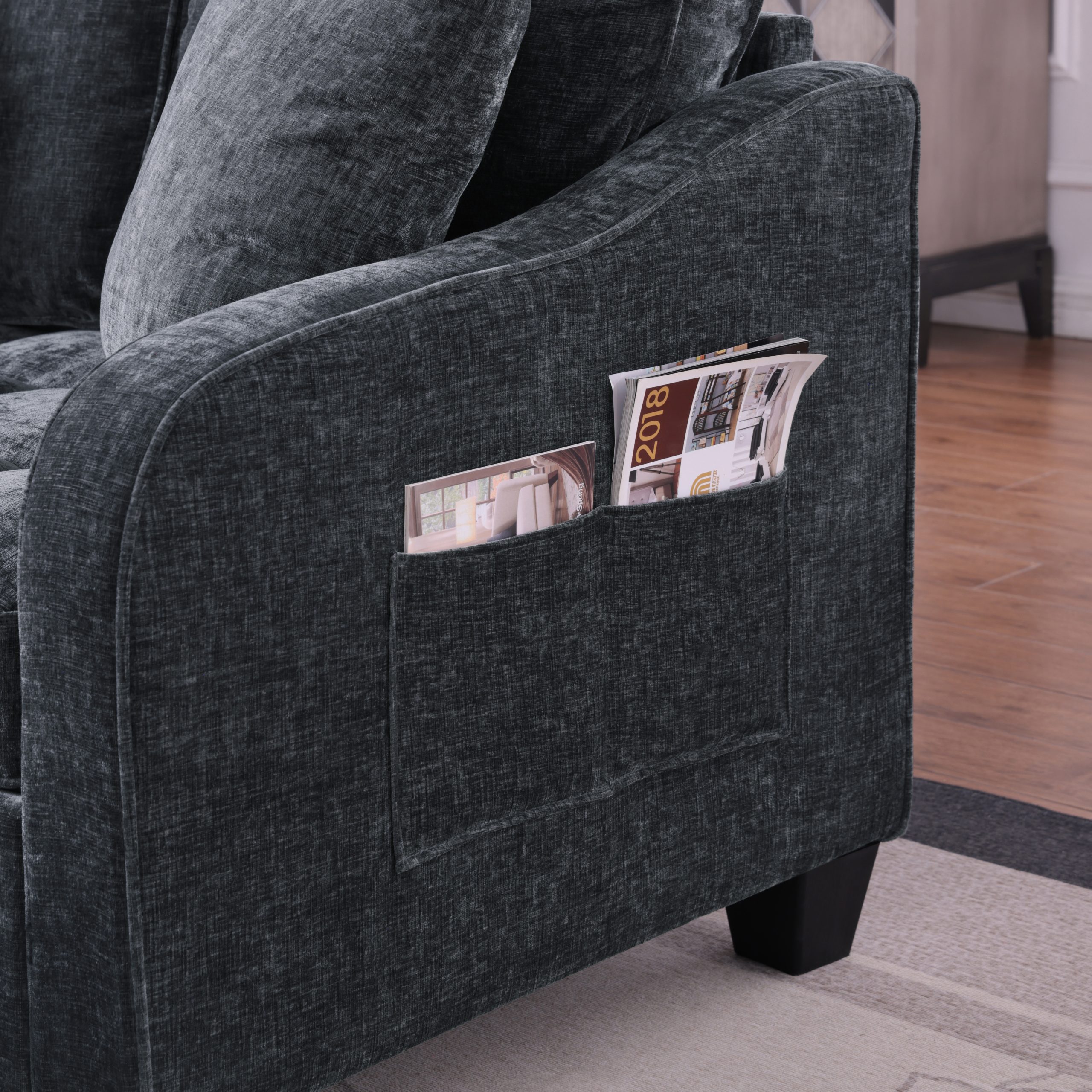 Two-seater sofa, double sofa chaise longue, with irregular armrests and backrests, footrest with storage space, comes with two small throw pillows, suitable for living room and bedroom - Black - Image 6