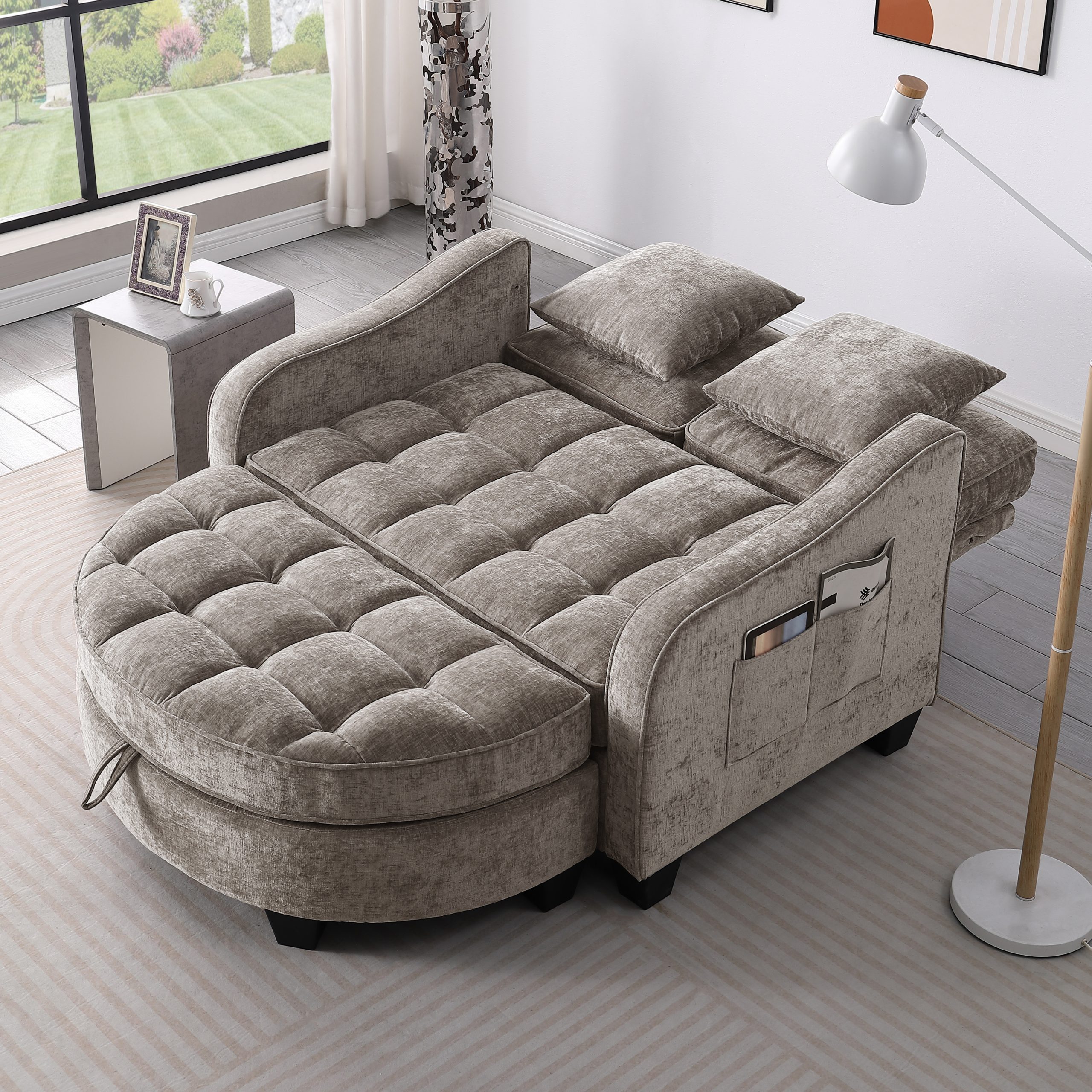 Two-seater sofa, double sofa chaise longue, with irregular armrests and backrests, footrest with storage space, comes with two small throw pillows, suitable for living room and bedroom - Brown - Image 2