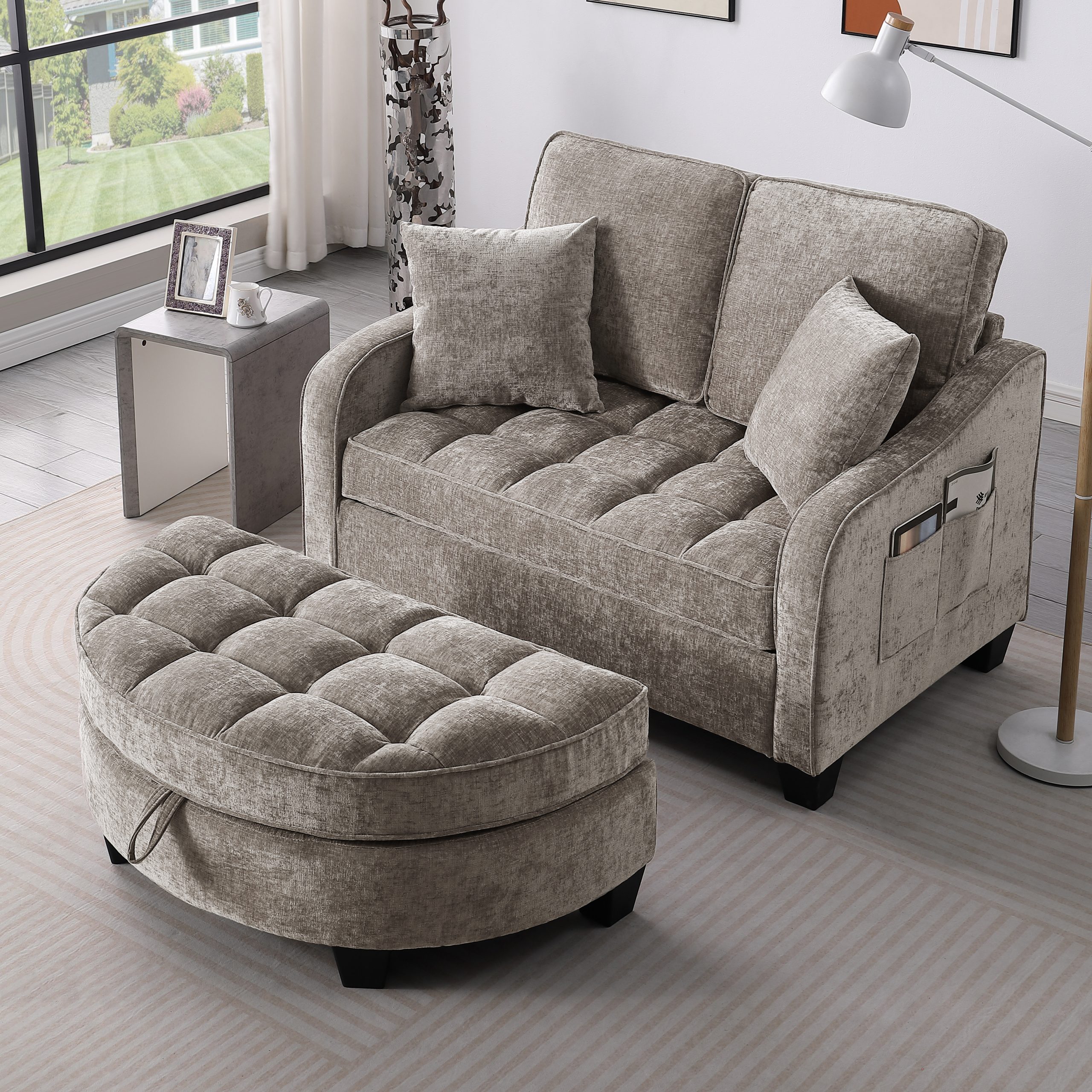 Two-seater sofa, double sofa chaise longue, with irregular armrests and backrests, footrest with storage space, comes with two small throw pillows, suitable for living room and bedroom - Brown - Image 3