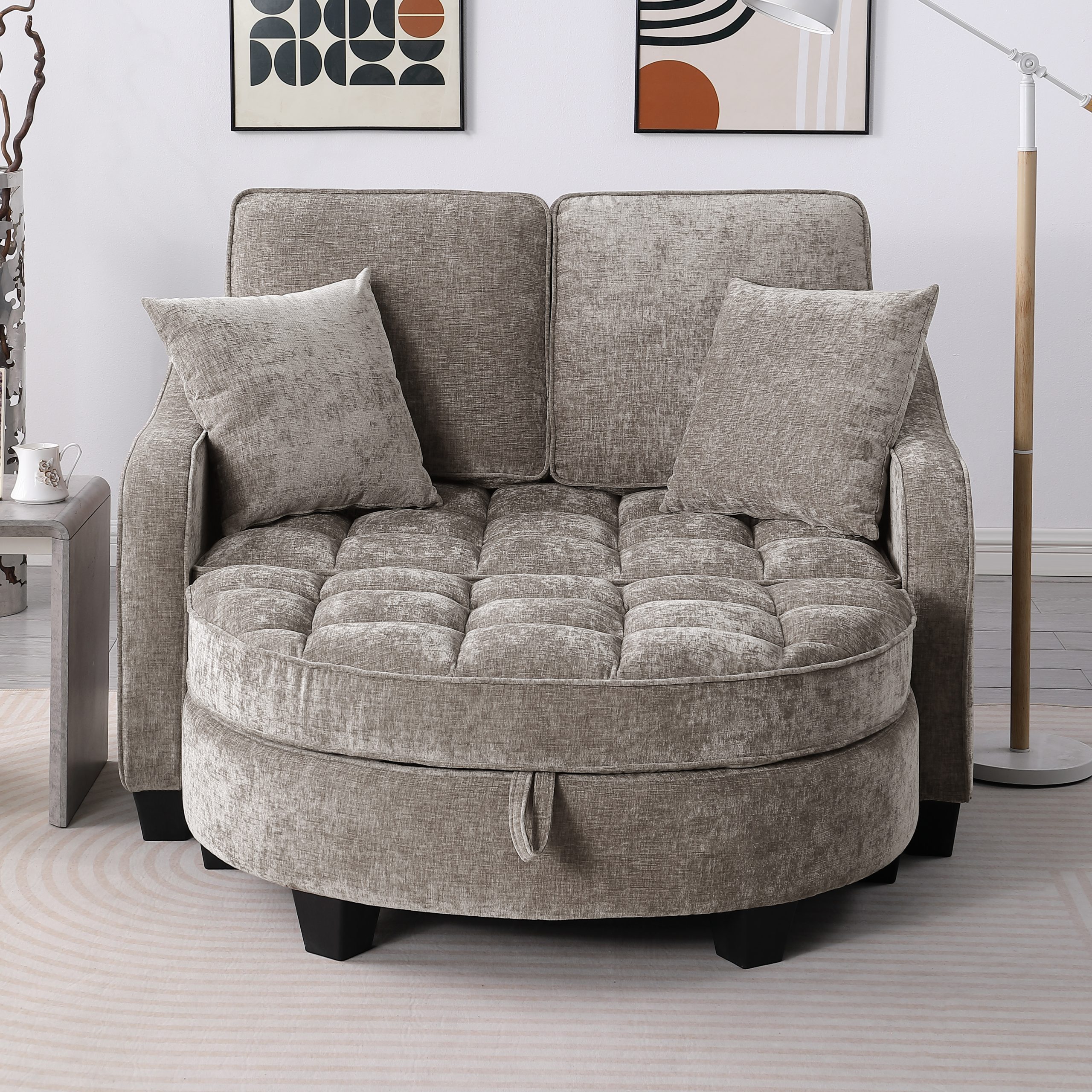 Two-seater sofa, double sofa chaise longue, with irregular armrests and backrests, footrest with storage space, comes with two small throw pillows, suitable for living room and bedroom - Brown - Image 4