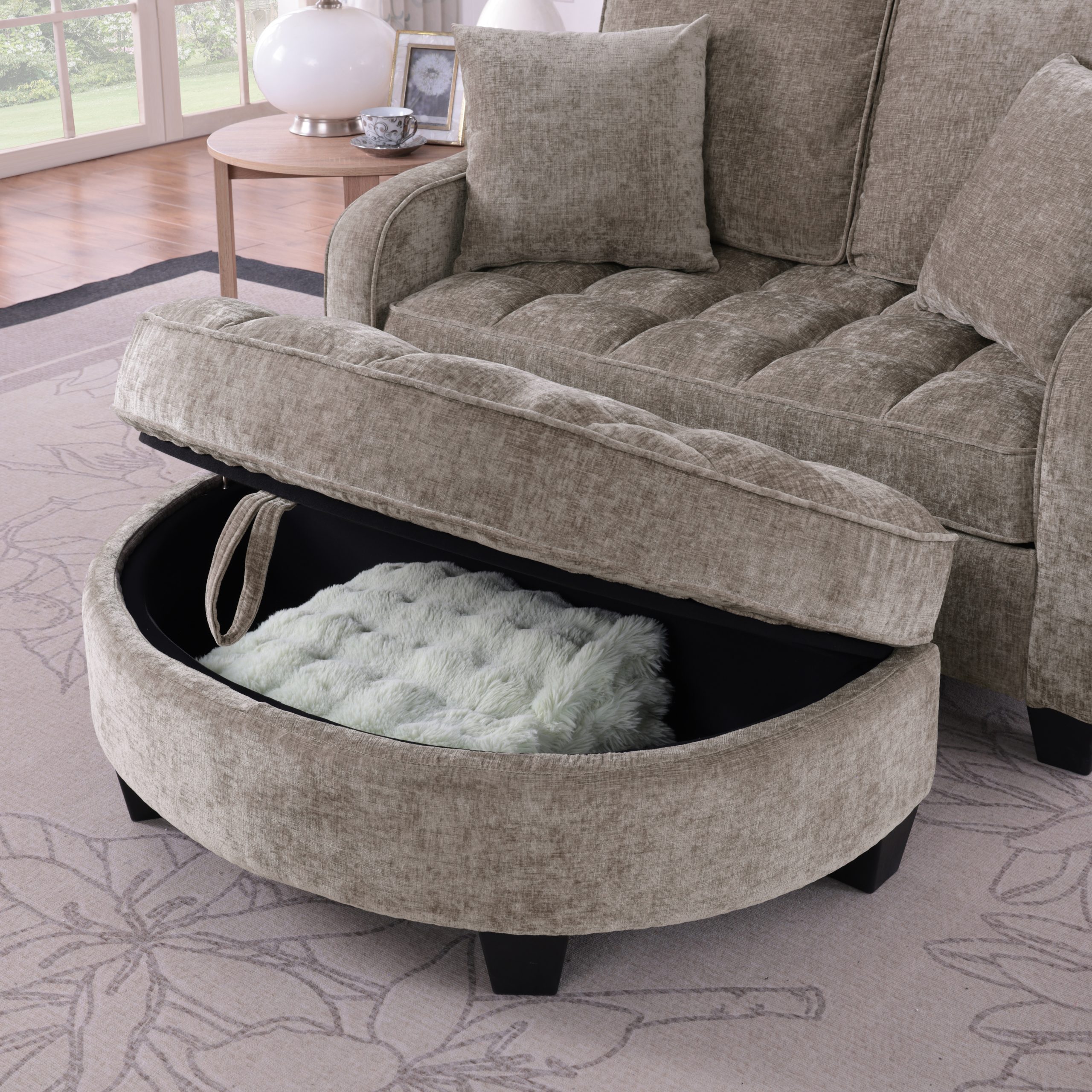 Two-seater sofa, double sofa chaise longue, with irregular armrests and backrests, footrest with storage space, comes with two small throw pillows, suitable for living room and bedroom - Brown - Image 5