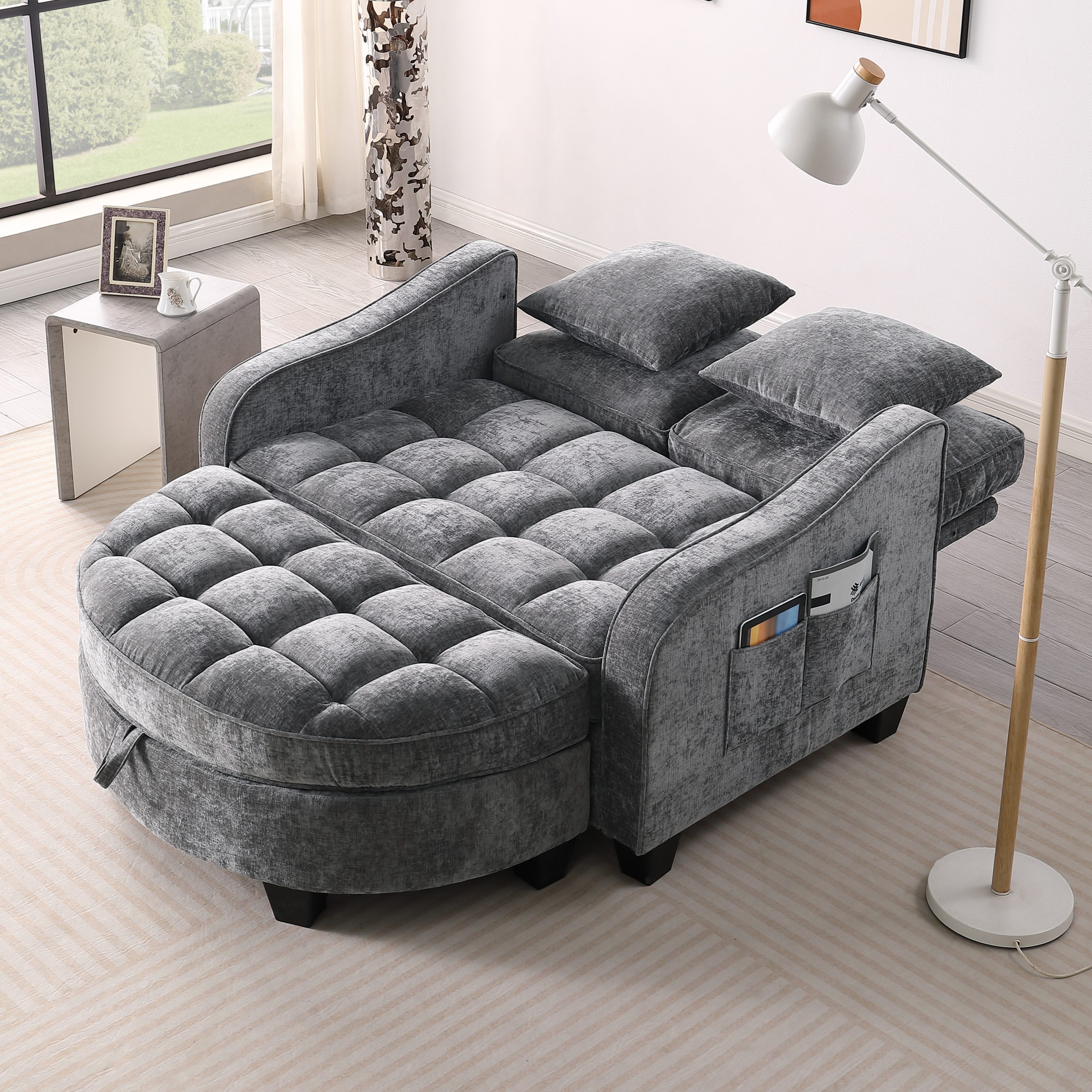 Two-seater sofa, double sofa chaise longue, with irregular armrests and backrests, footrest with storage space, comes with two small throw pillows, suitable for living room and bedroom - Grey - Image 2
