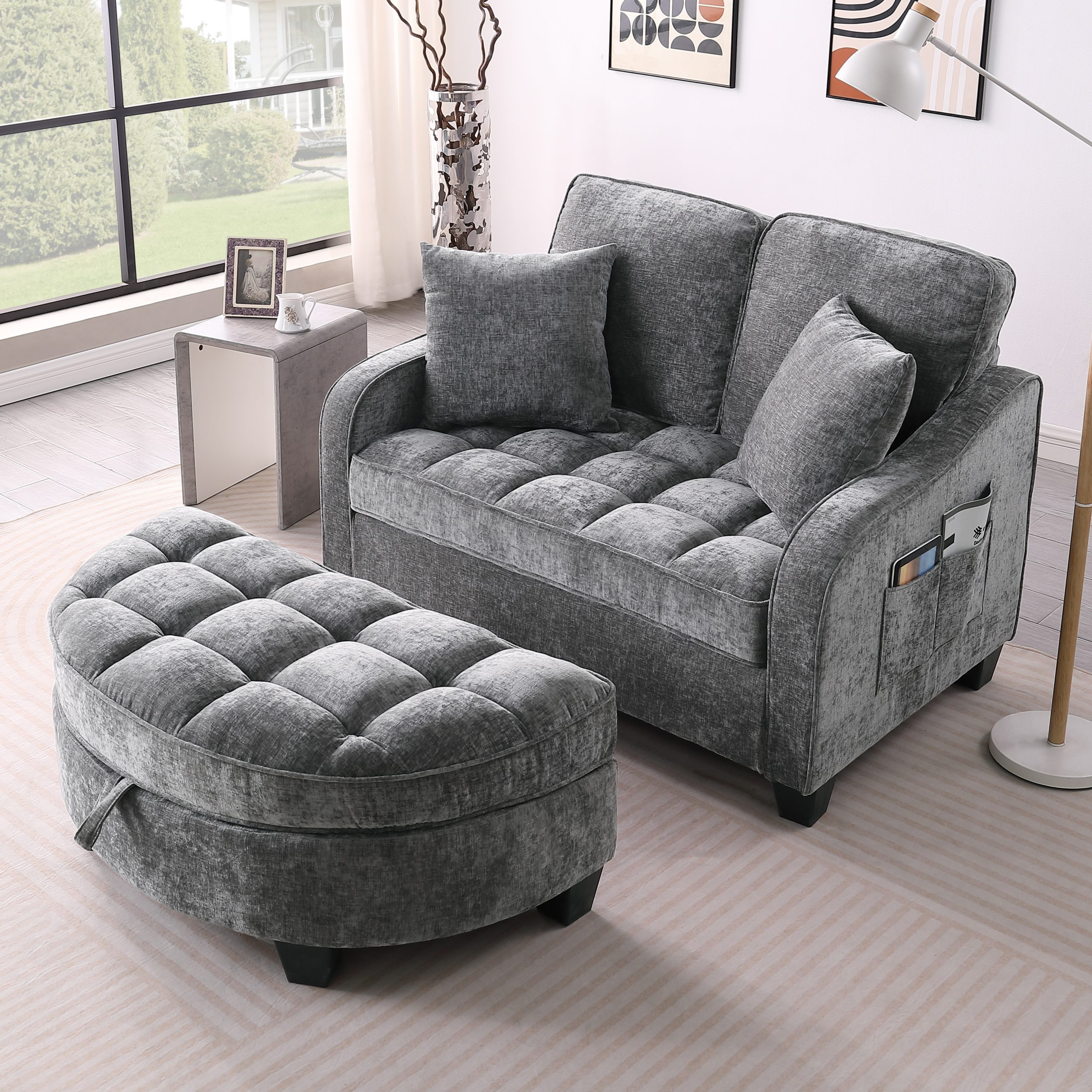 Two-seater sofa, double sofa chaise longue, with irregular armrests and backrests, footrest with storage space, comes with two small throw pillows, suitable for living room and bedroom - Grey - Image 3