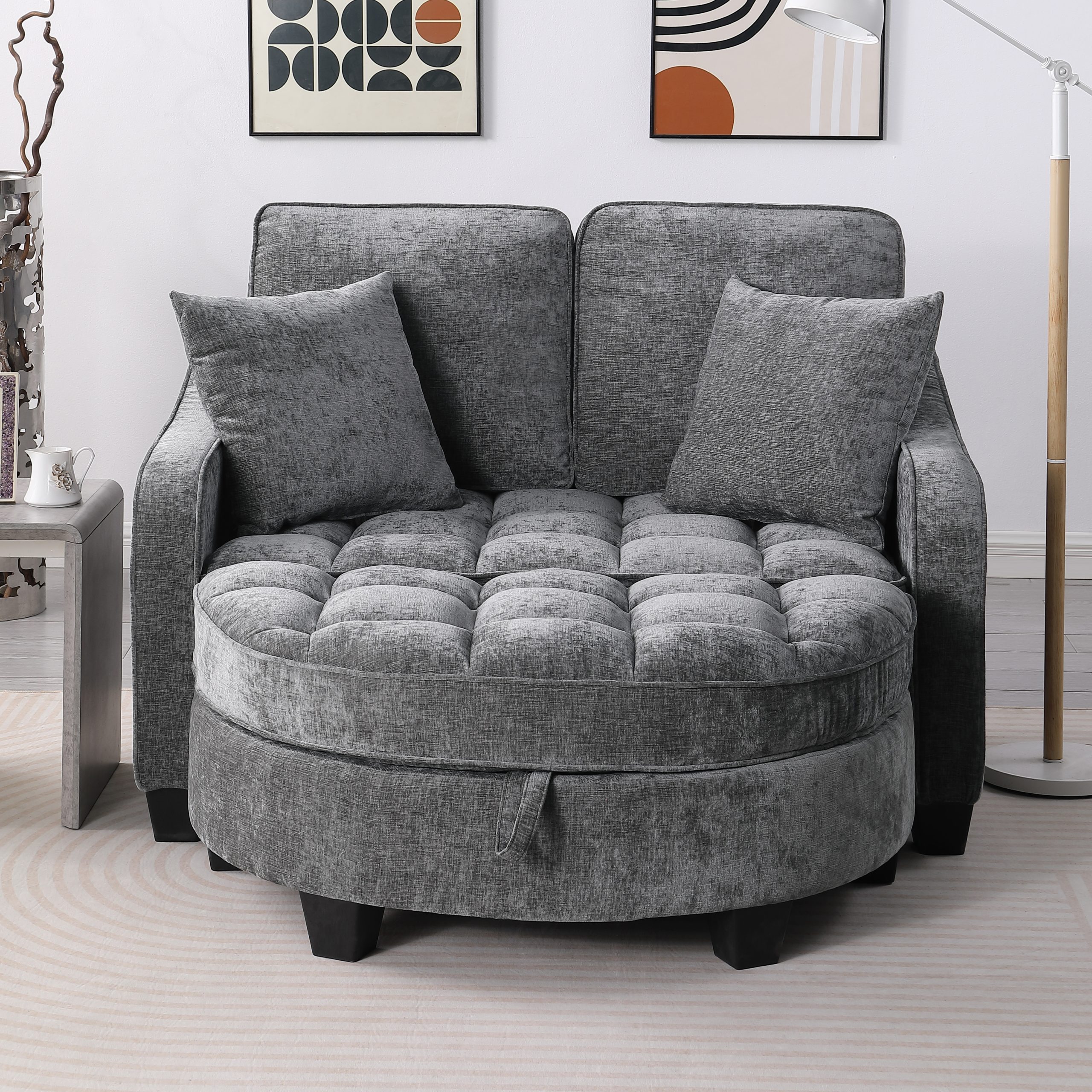Two-seater sofa, double sofa chaise longue, with irregular armrests and backrests, footrest with storage space, comes with two small throw pillows, suitable for living room and bedroom - Grey - Image 4