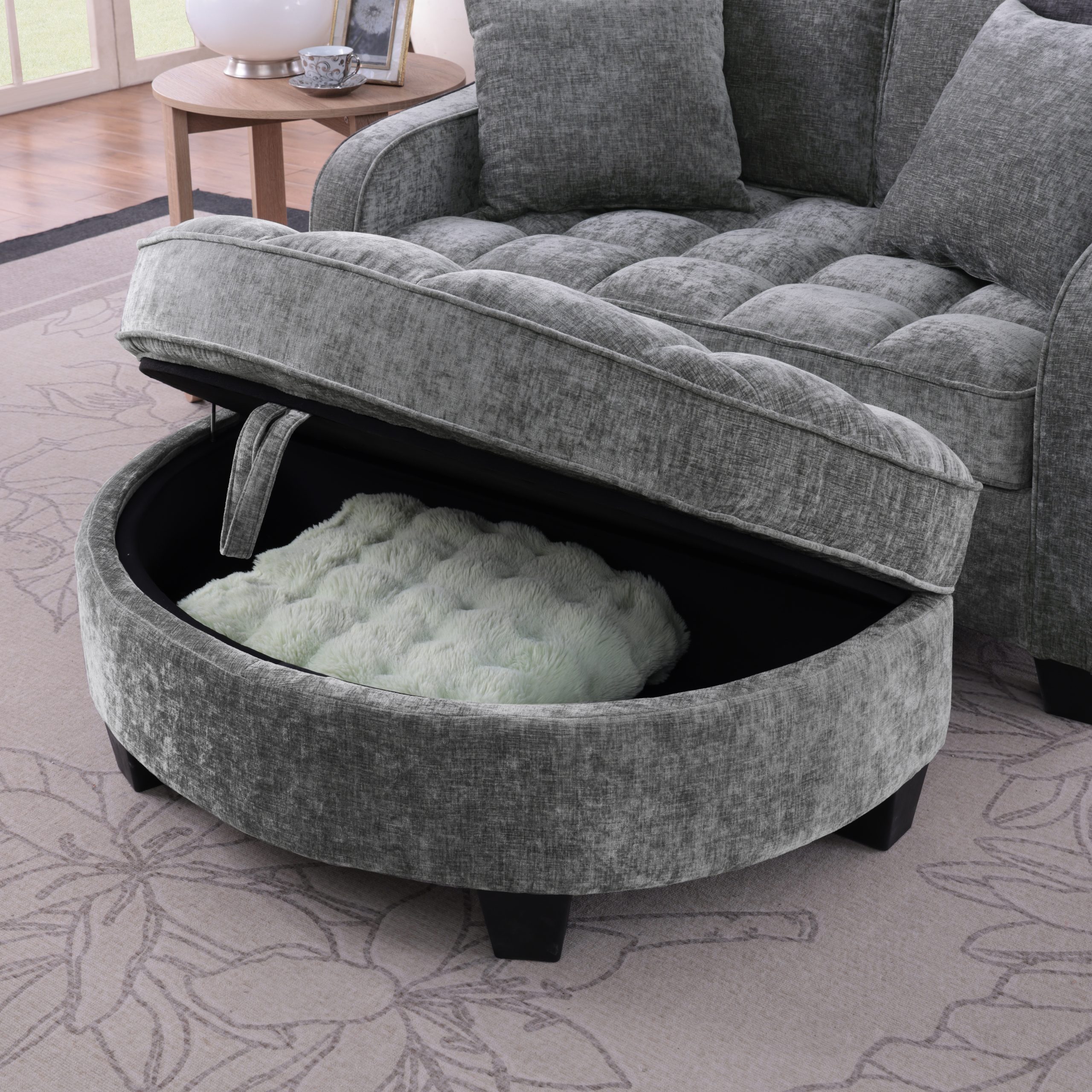 Two-seater sofa, double sofa chaise longue, with irregular armrests and backrests, footrest with storage space, comes with two small throw pillows, suitable for living room and bedroom - Grey - Image 5