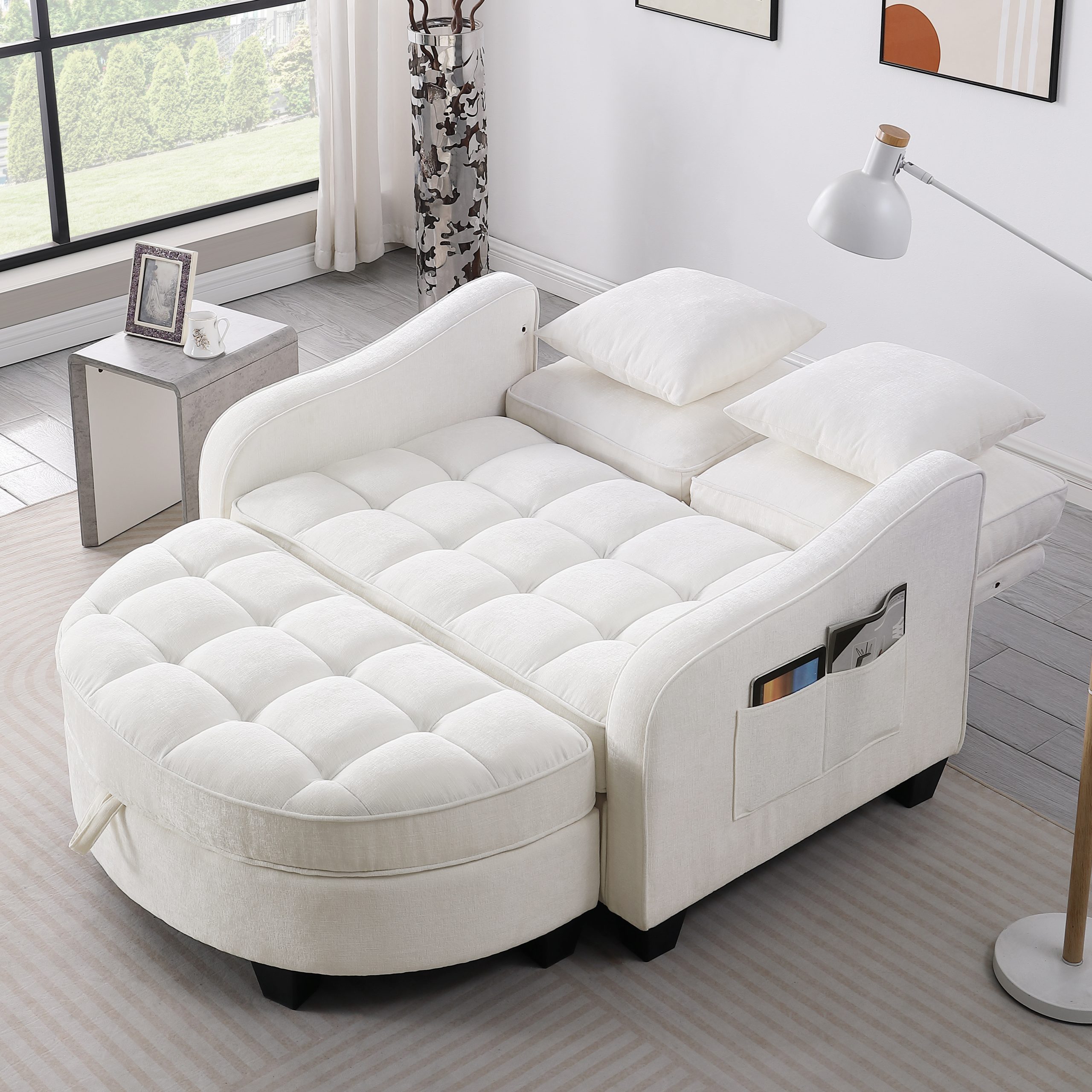 Two-seater sofa, double sofa chaise longue, with irregular armrests and backrests, footrest with storage space, comes with two small throw pillows, suitable for living room and bedroom - Beige - Image 2