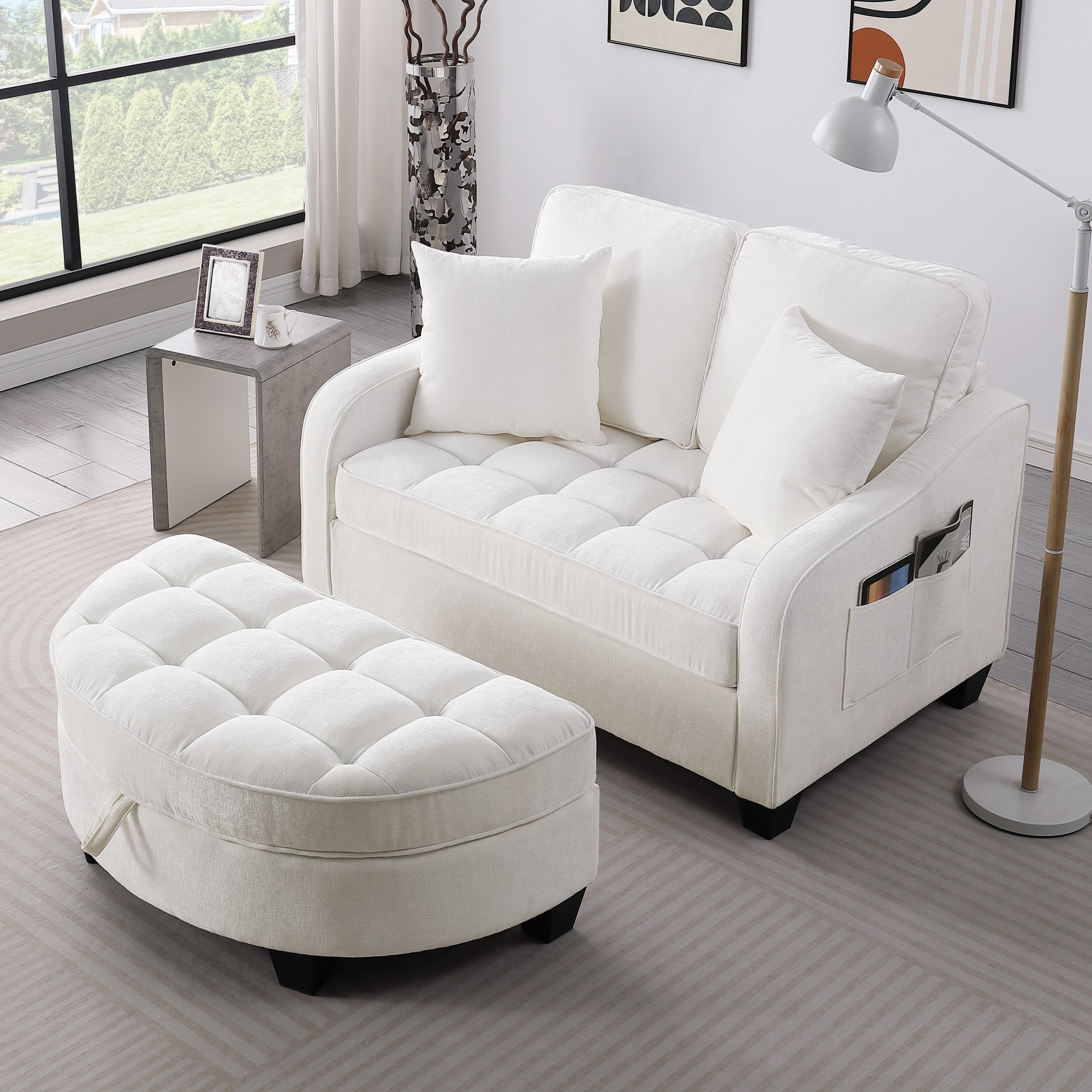Two-seater sofa, double sofa chaise longue, with irregular armrests and backrests, footrest with storage space, comes with two small throw pillows, suitable for living room and bedroom - Beige - Image 3
