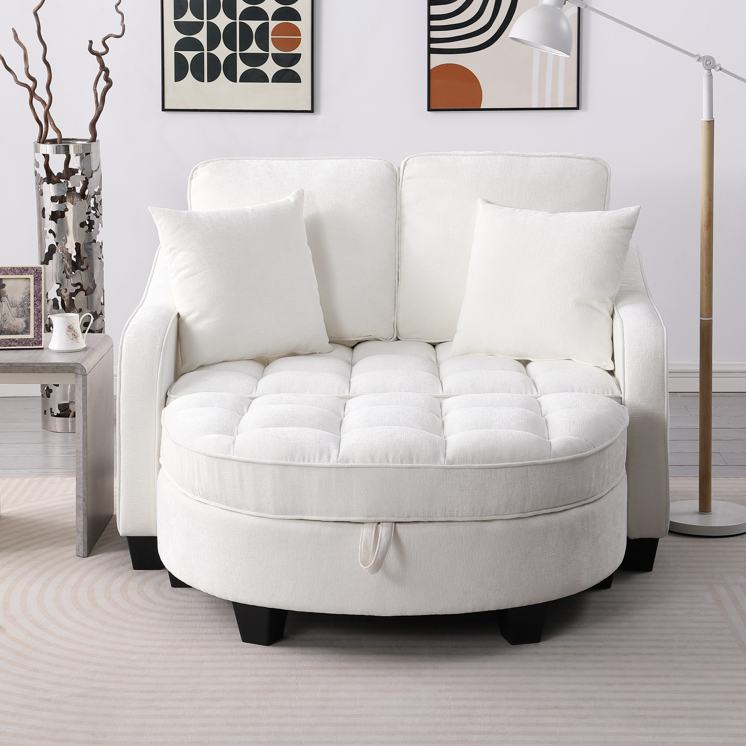 Two-seater sofa, double sofa chaise longue, with irregular armrests and backrests, footrest with storage space, comes with two small throw pillows, suitable for living room and bedroom - Beige - Image 4