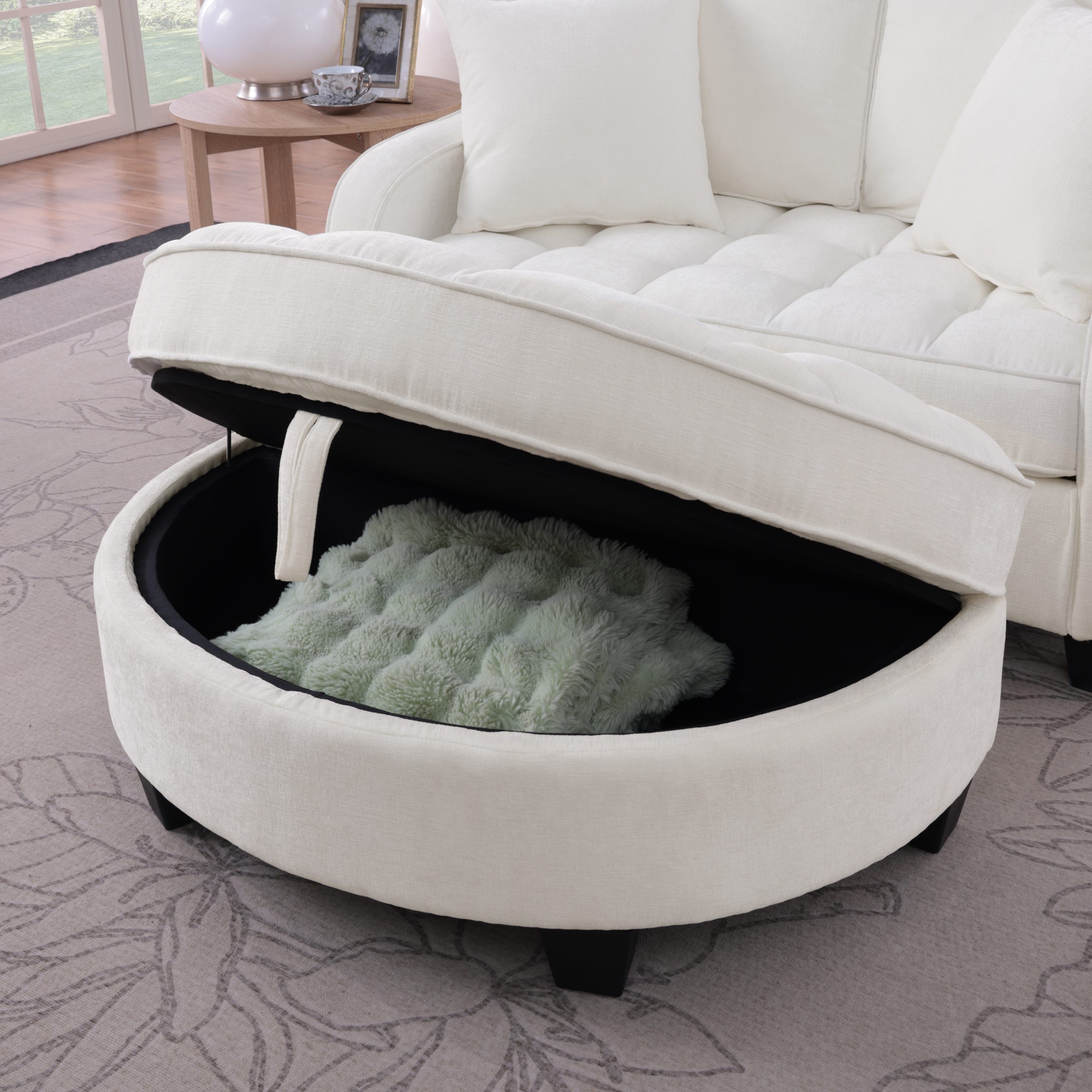 Two-seater sofa, double sofa chaise longue, with irregular armrests and backrests, footrest with storage space, comes with two small throw pillows, suitable for living room and bedroom - Beige - Image 5