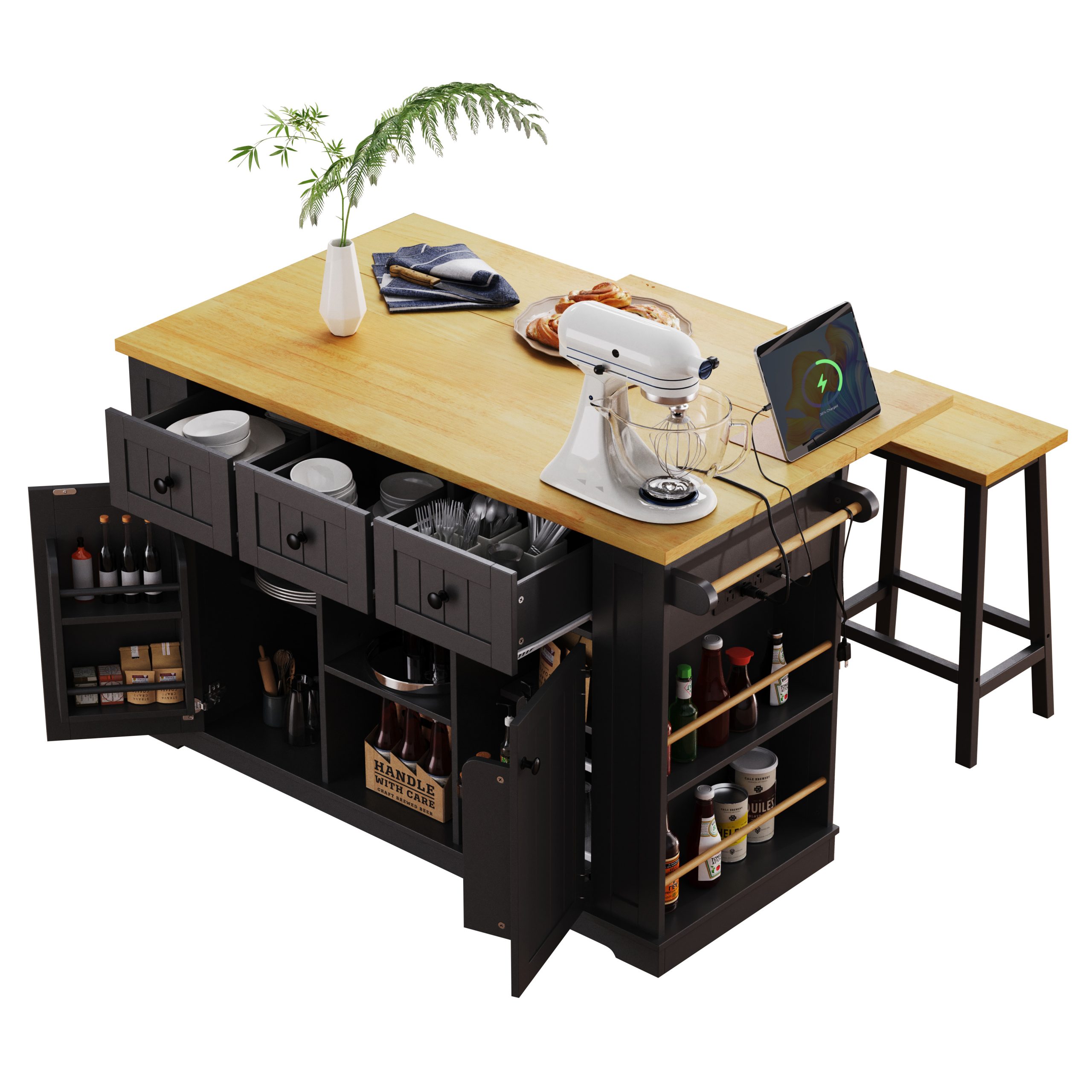 K&K 53inch Large Kitchen Island with 2 Bar Stools, Power Outlet,Door Internal Storage Rack, Kitchen Storage Cart on 5 Wheels with Drop Leaf, 5 Open Side Racks, 3 Drawers,Black (Three Packages) - Image 2