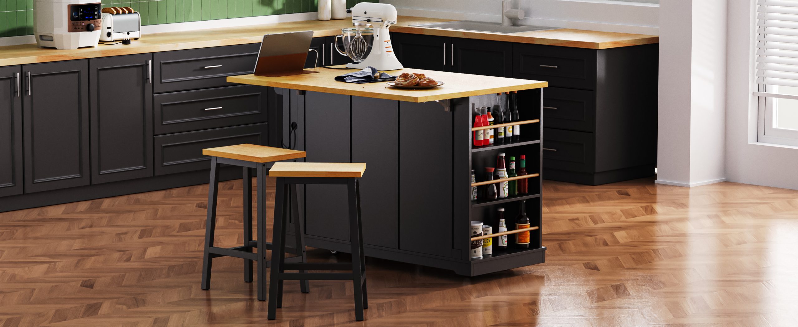 K&K 53inch Large Kitchen Island with 2 Bar Stools, Power Outlet,Door Internal Storage Rack, Kitchen Storage Cart on 5 Wheels with Drop Leaf, 5 Open Side Racks, 3 Drawers,Black (Three Packages) - Image 3