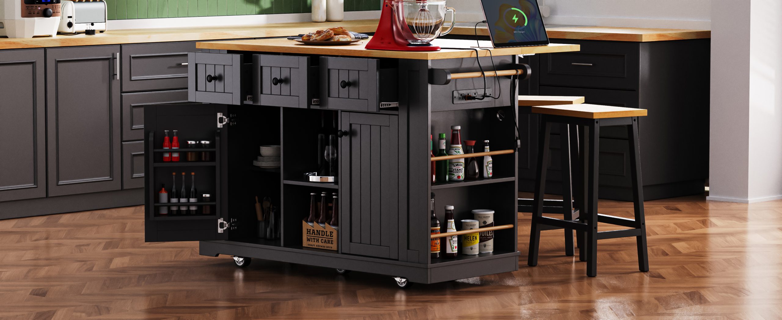 K&K 53inch Large Kitchen Island with 2 Bar Stools, Power Outlet,Door Internal Storage Rack, Kitchen Storage Cart on 5 Wheels with Drop Leaf, 5 Open Side Racks, 3 Drawers,Black (Three Packages) - Image 5