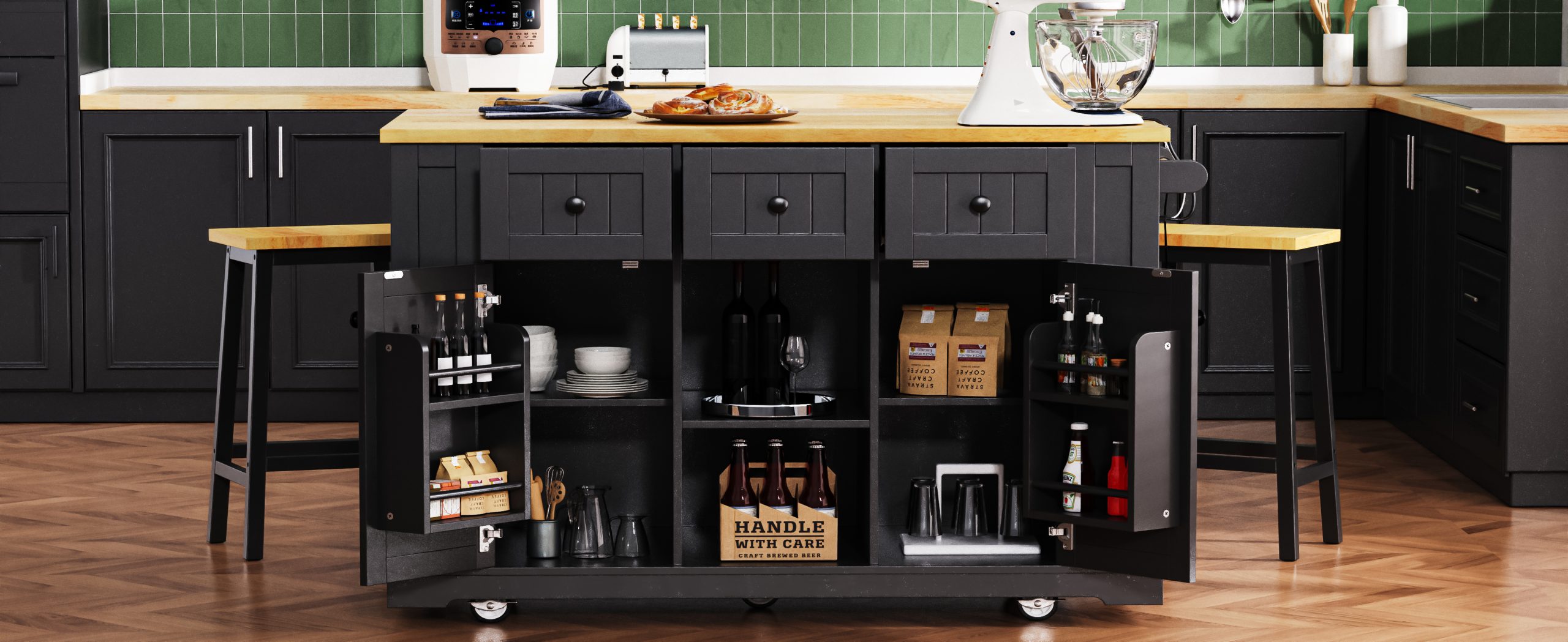 K&K 53inch Large Kitchen Island with 2 Bar Stools, Power Outlet,Door Internal Storage Rack, Kitchen Storage Cart on 5 Wheels with Drop Leaf, 5 Open Side Racks, 3 Drawers,Black (Three Packages) - Image 6
