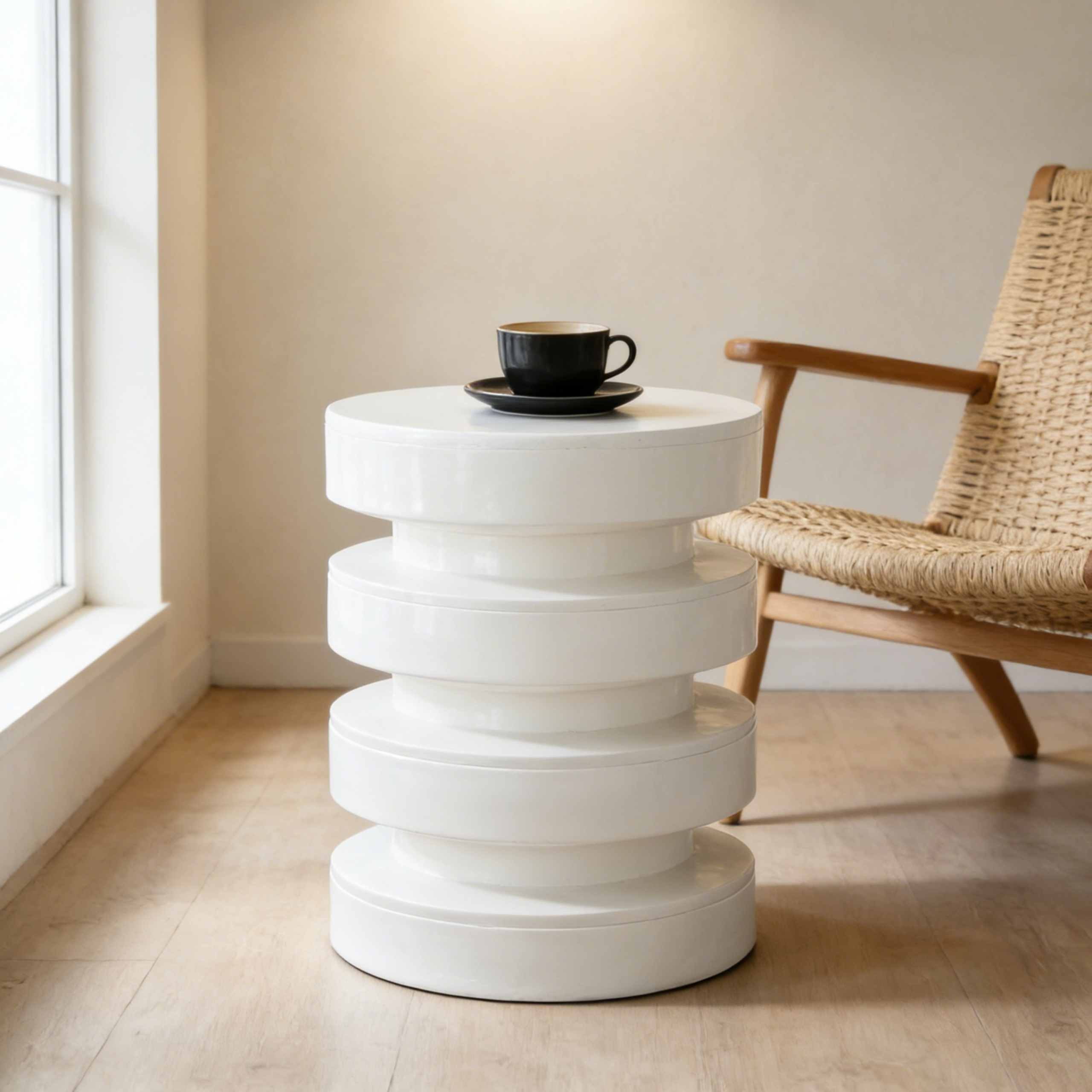 Modern MGO Side Table for Indoor Outdoor, Round End Table with 3-Tier Design, Patio Balcony Living Room Accent Furniture, 14.2" W x 19.4" H, White Color - Image 2