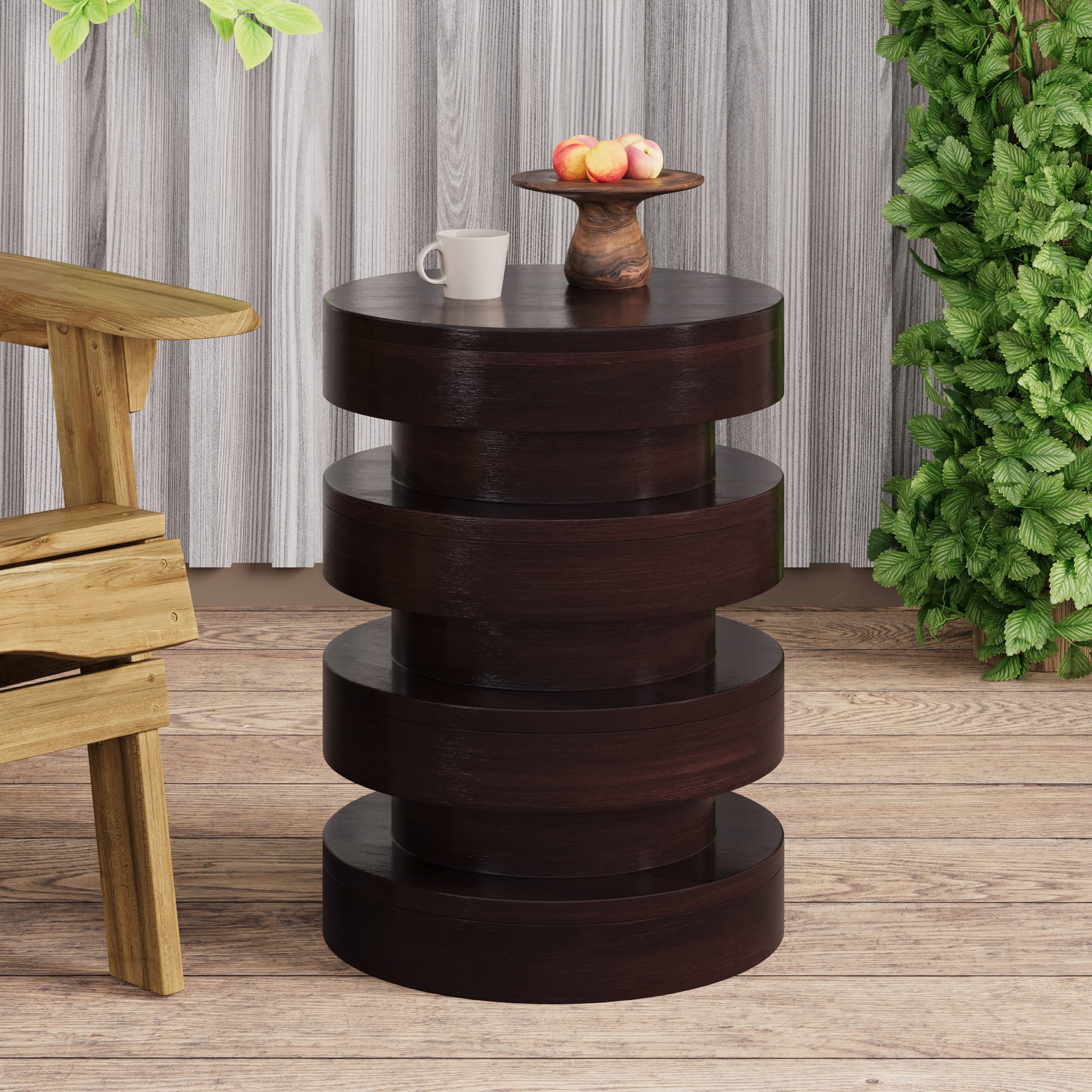 Modern MGO Side Table for Indoor Outdoor, Round End Table with 3-Tier Design, Patio Balcony Living Room Accent Furniture, 14.2" W x 19.4" H, Brown Color - Image 2