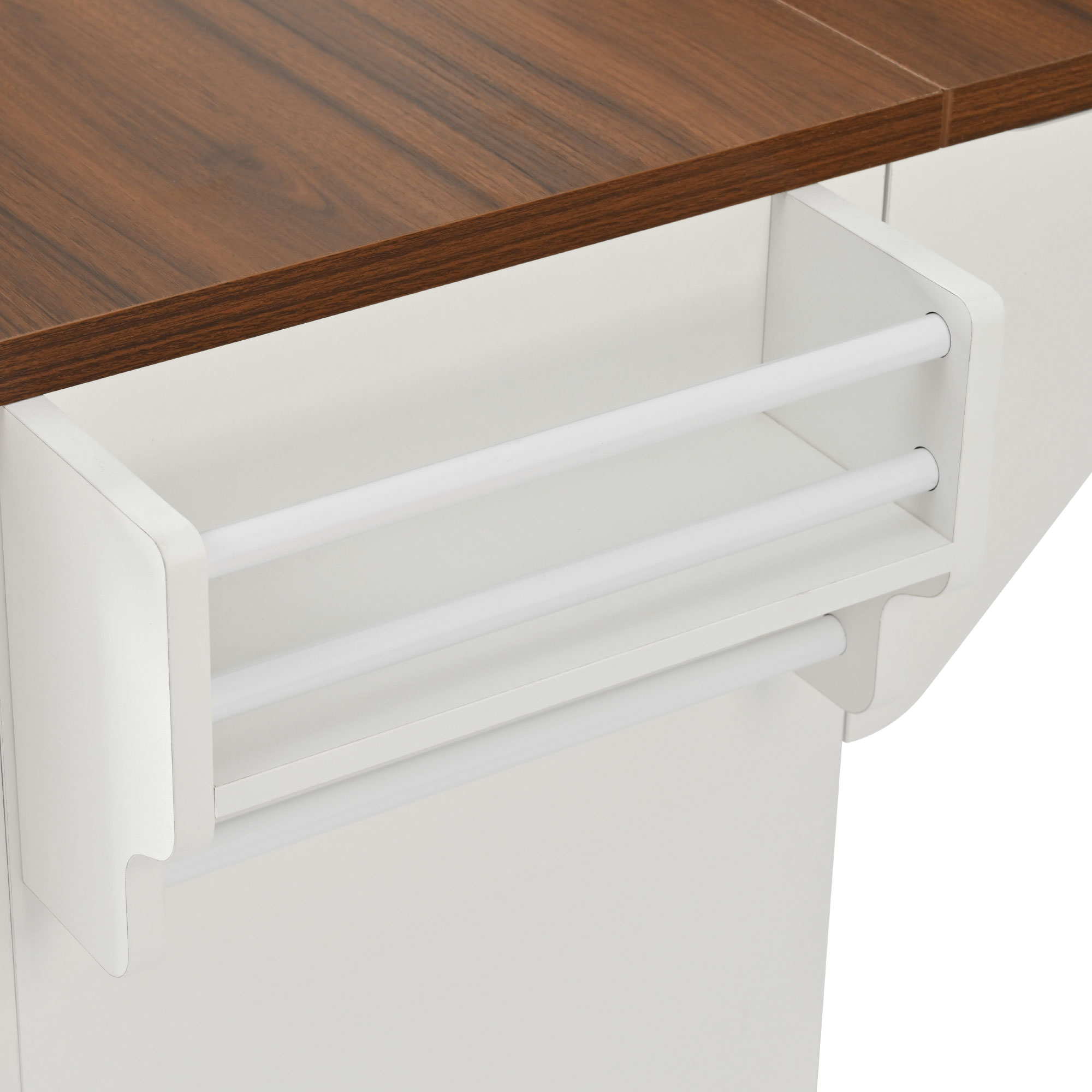 K&K 52" Fluted Kitchen Island with Drop Leaf, Power Outlet, Kitchen Storage Cart with Adjustable Shelves, 2 Doors and 2 Drawers, Rolling Island Table with Walnut Color Top for Kitchen, White - Image 5