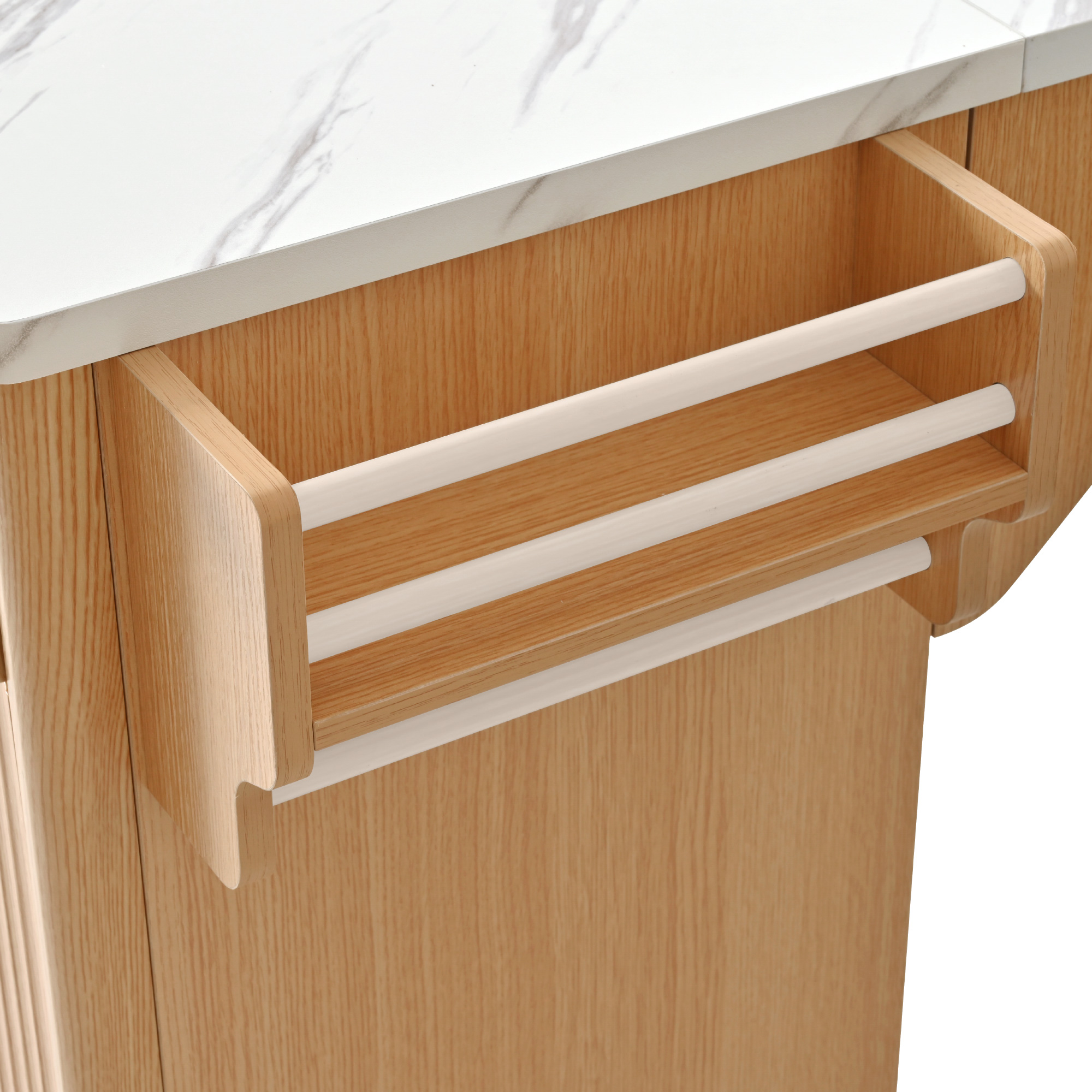 K&K 52" Fluted Kitchen Island with Drop Leaf, Power Outlet, Kitchen Storage Cart with Adjustable Shelves, 2 Doors and 2 Drawers, Rolling Island Table with Faux Marble Top for Kitchen, Natural - Image 2