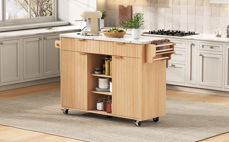 K&K 52" Fluted Kitchen Island with Drop Leaf, Power Outlet, Kitchen Storage Cart with Adjustable Shelves, 2 Doors and 2 Drawers, Rolling Island Table with Faux Marble Top for Kitchen, Natural - Image 3