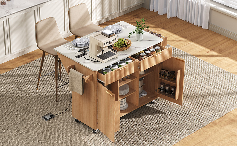K&K 52" Fluted Kitchen Island with Drop Leaf, Power Outlet, Kitchen Storage Cart with Adjustable Shelves, 2 Doors and 2 Drawers, Rolling Island Table with Faux Marble Top for Kitchen, Natural - Image 4