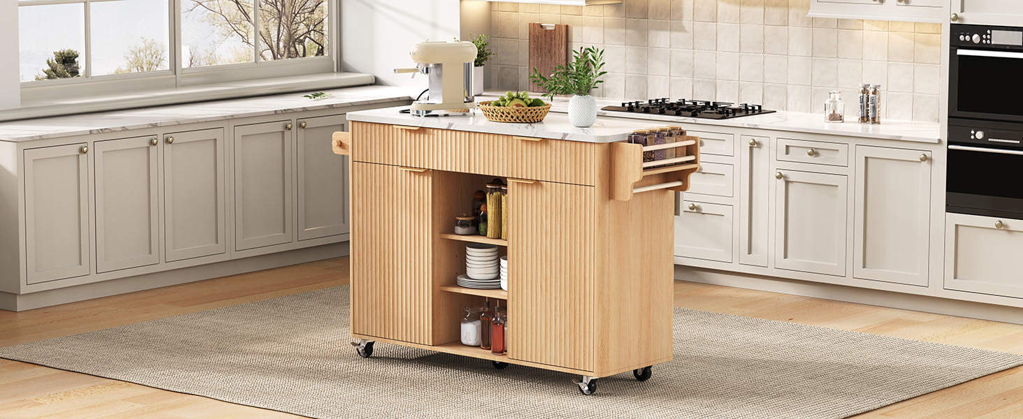 K&K 52" Fluted Kitchen Island with Drop Leaf, Power Outlet, Kitchen Storage Cart with Adjustable Shelves, 2 Doors and 2 Drawers, Rolling Island Table with Faux Marble Top for Kitchen, Natural - Image 5