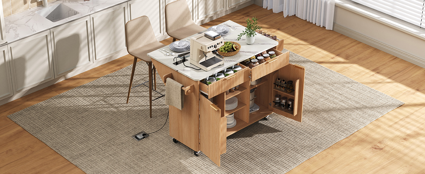 K&K 52" Fluted Kitchen Island with Drop Leaf, Power Outlet, Kitchen Storage Cart with Adjustable Shelves, 2 Doors and 2 Drawers, Rolling Island Table with Faux Marble Top for Kitchen, Natural - Image 6