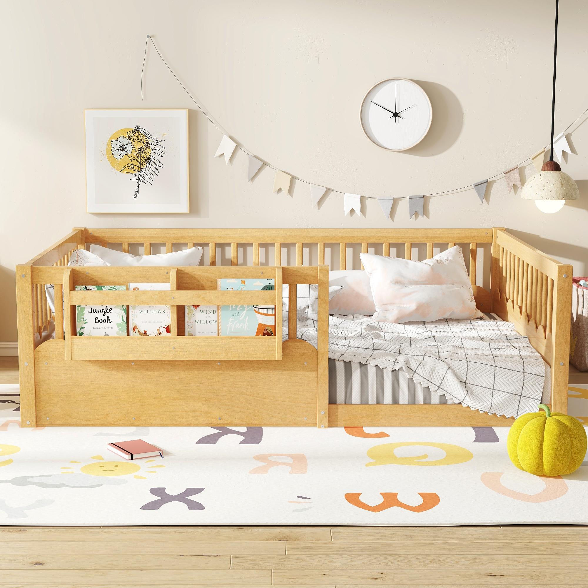 Full Floor bed with Heightened Fence and bookshelf ,Wood Floor Bed for Kids,Natural. - Image 2
