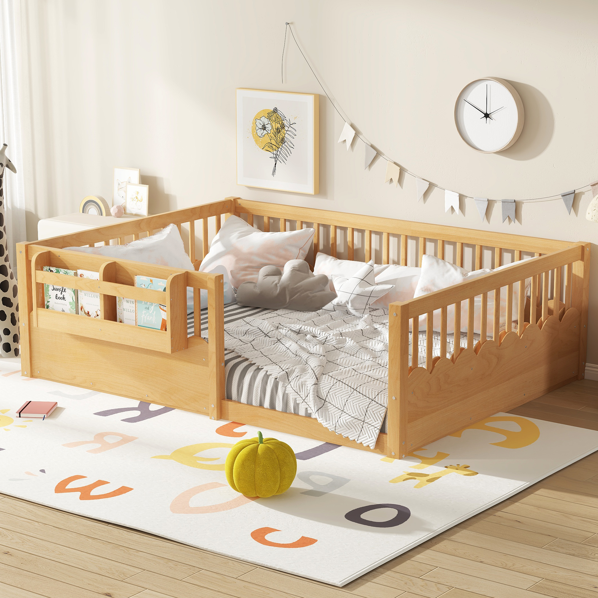 Full Floor bed with Heightened Fence and bookshelf ,Wood Floor Bed for Kids,Natural. - Image 3