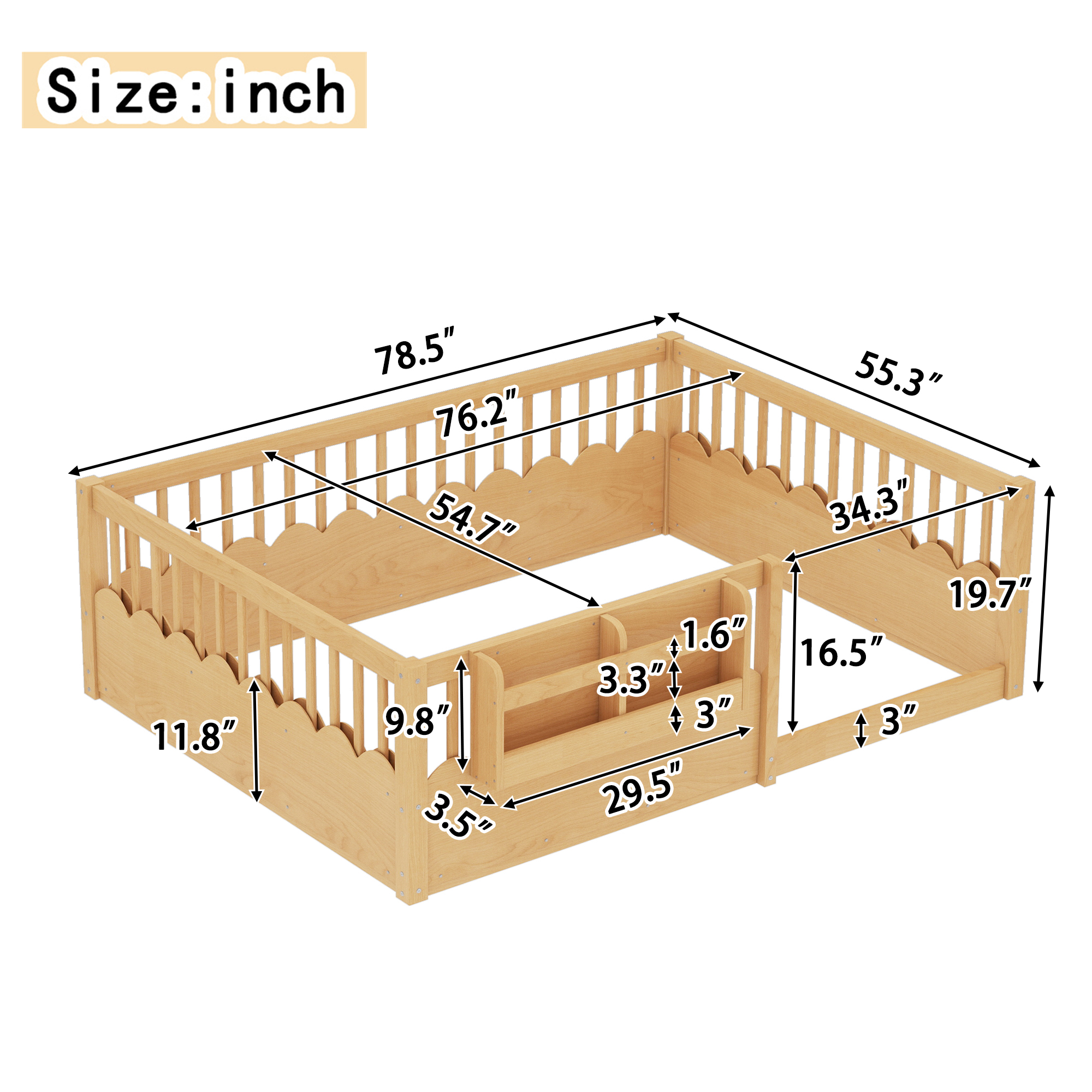 Full Floor bed with Heightened Fence and bookshelf ,Wood Floor Bed for Kids,Natural. - Image 4