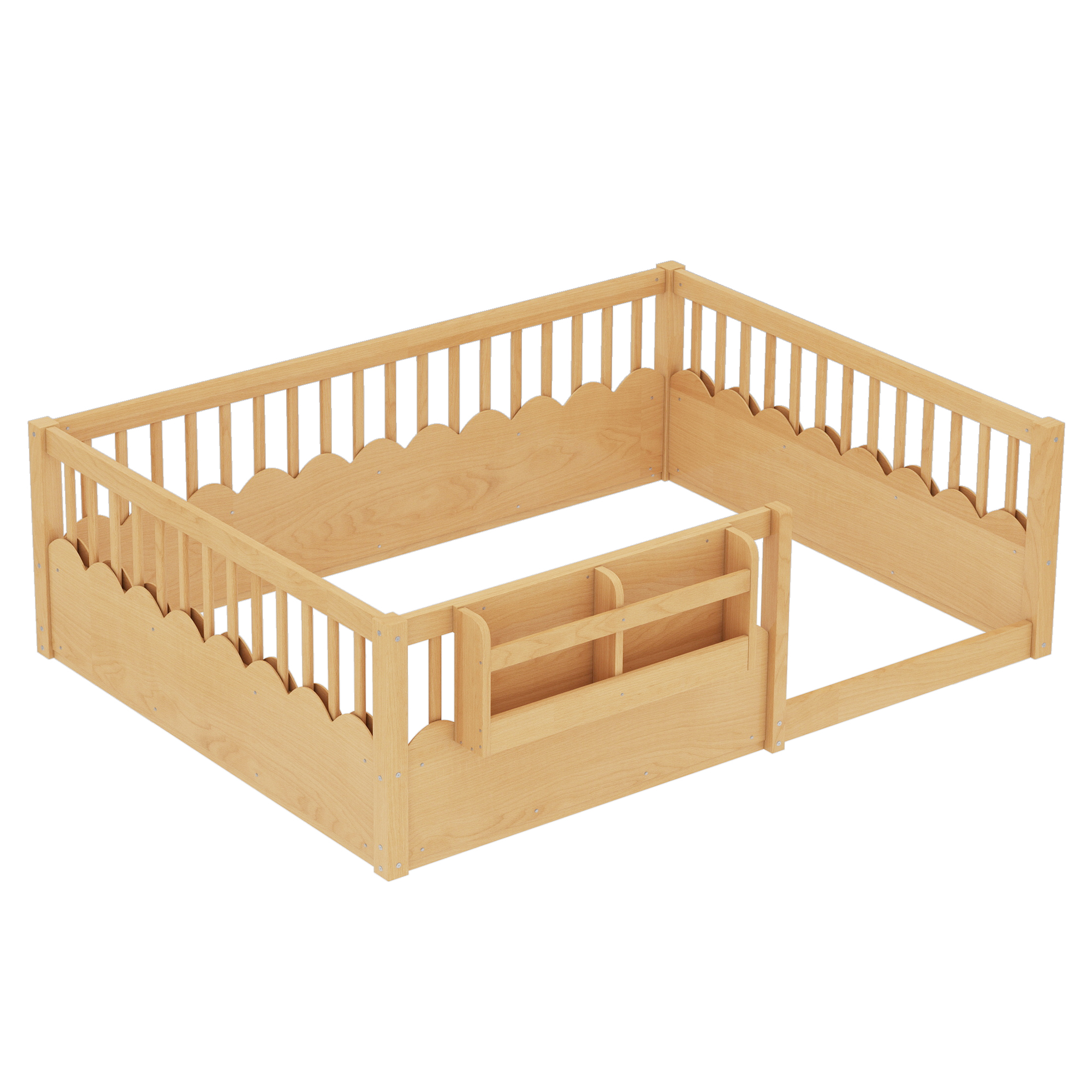 Full Floor bed with Heightened Fence and bookshelf ,Wood Floor Bed for Kids,Natural. - Image 5