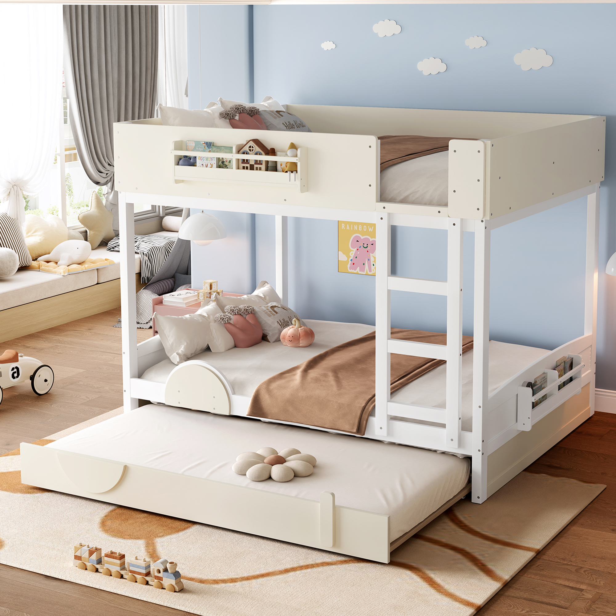 Queen Bunk Bed with Trundle , Wood Bunk Bed Frame with Built-in Bookshelf and High-quality Safety Guardrail,Automobile Form Design for Kids ,White＆ Beige. - Image 1