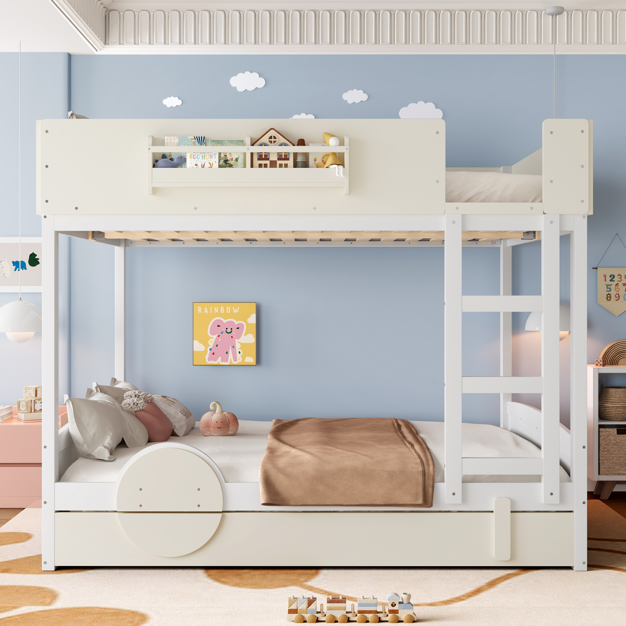 Queen Bunk Bed with Trundle , Wood Bunk Bed Frame with Built-in Bookshelf and High-quality Safety Guardrail,Automobile Form Design for Kids ,White＆ Beige. - Image 2