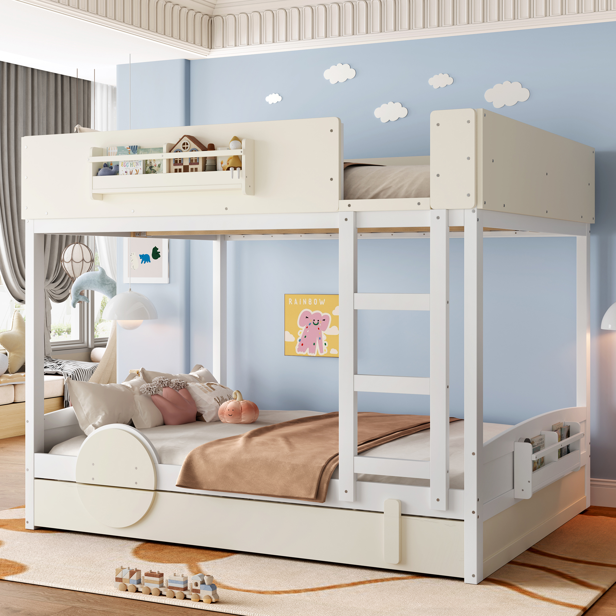 Queen Bunk Bed with Trundle , Wood Bunk Bed Frame with Built-in Bookshelf and High-quality Safety Guardrail,Automobile Form Design for Kids ,White＆ Beige. - Image 3