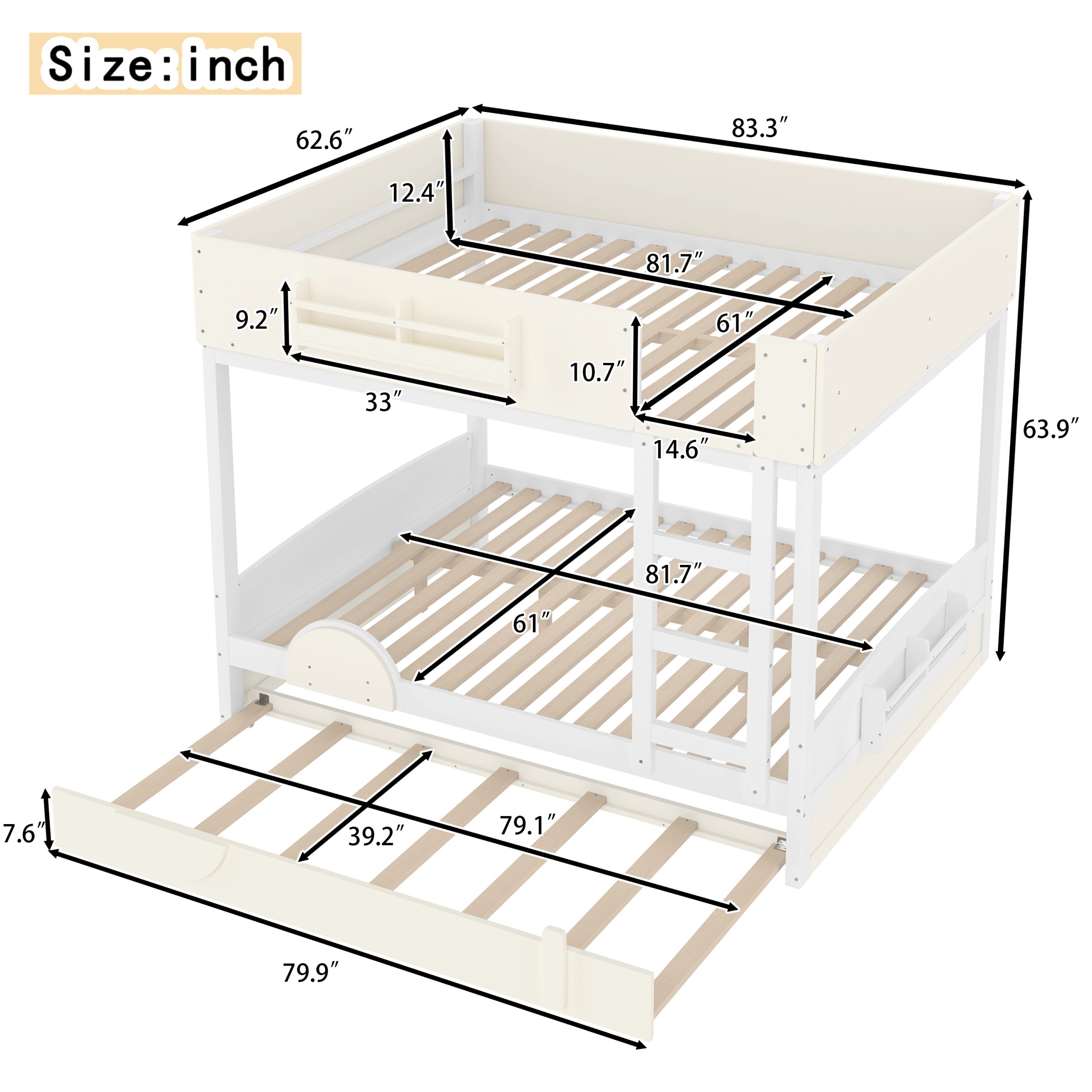 Queen Bunk Bed with Trundle , Wood Bunk Bed Frame with Built-in Bookshelf and High-quality Safety Guardrail,Automobile Form Design for Kids ,White＆ Beige. - Image 4