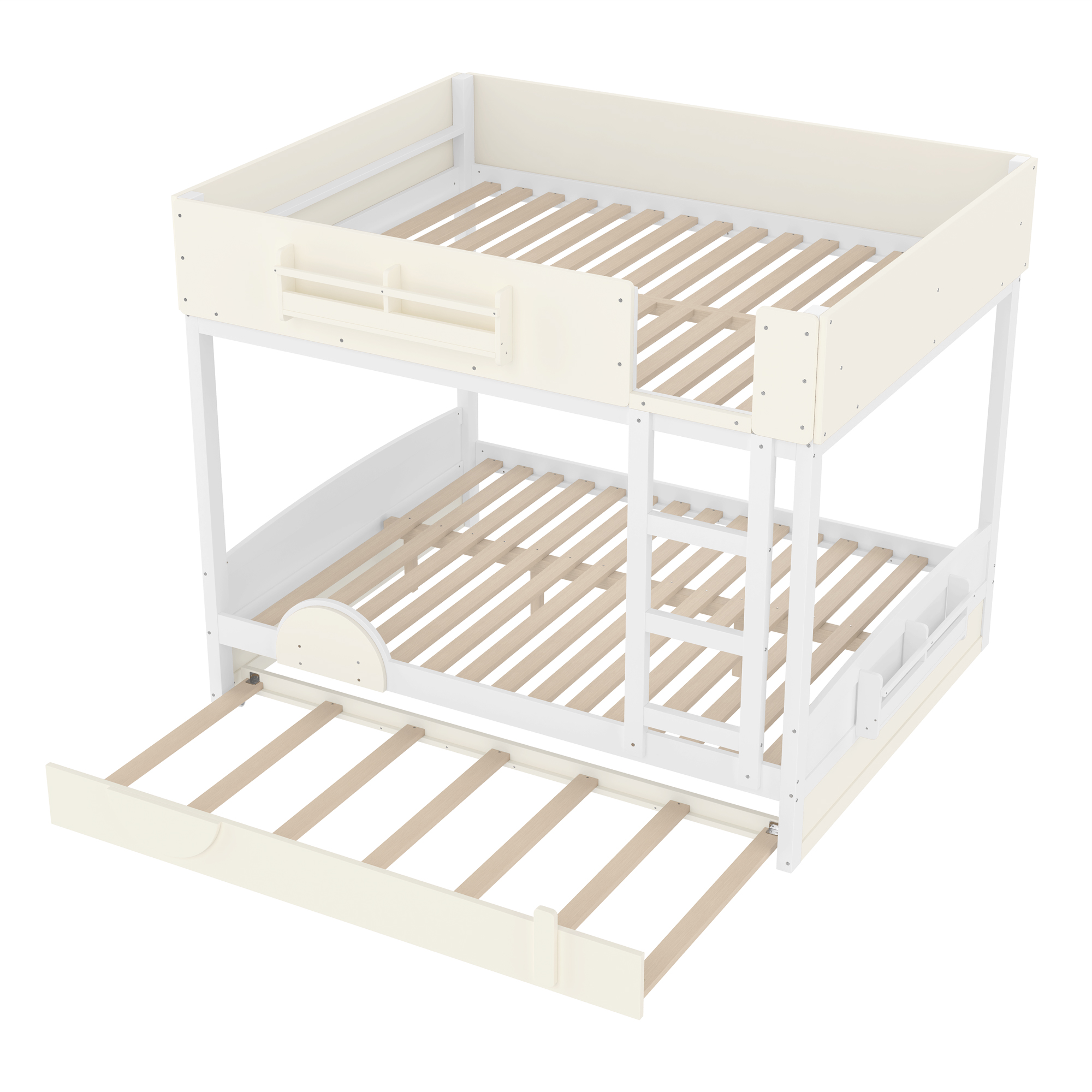 Queen Bunk Bed with Trundle , Wood Bunk Bed Frame with Built-in Bookshelf and High-quality Safety Guardrail,Automobile Form Design for Kids ,White＆ Beige. - Image 5