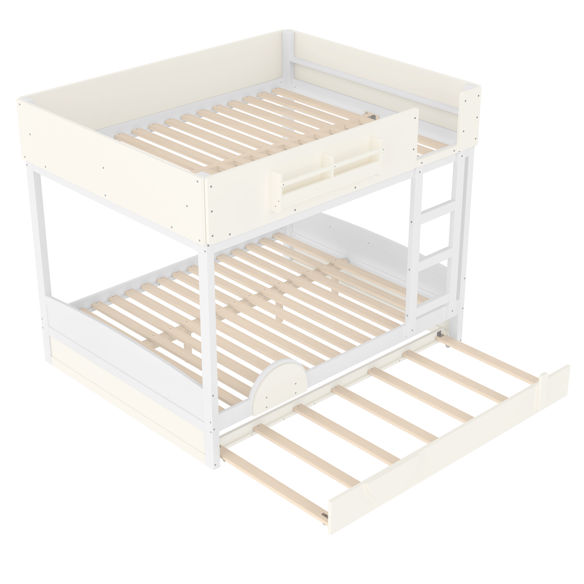 Queen Bunk Bed with Trundle , Wood Bunk Bed Frame with Built-in Bookshelf and High-quality Safety Guardrail,Automobile Form Design for Kids ,White＆ Beige. - Image 6
