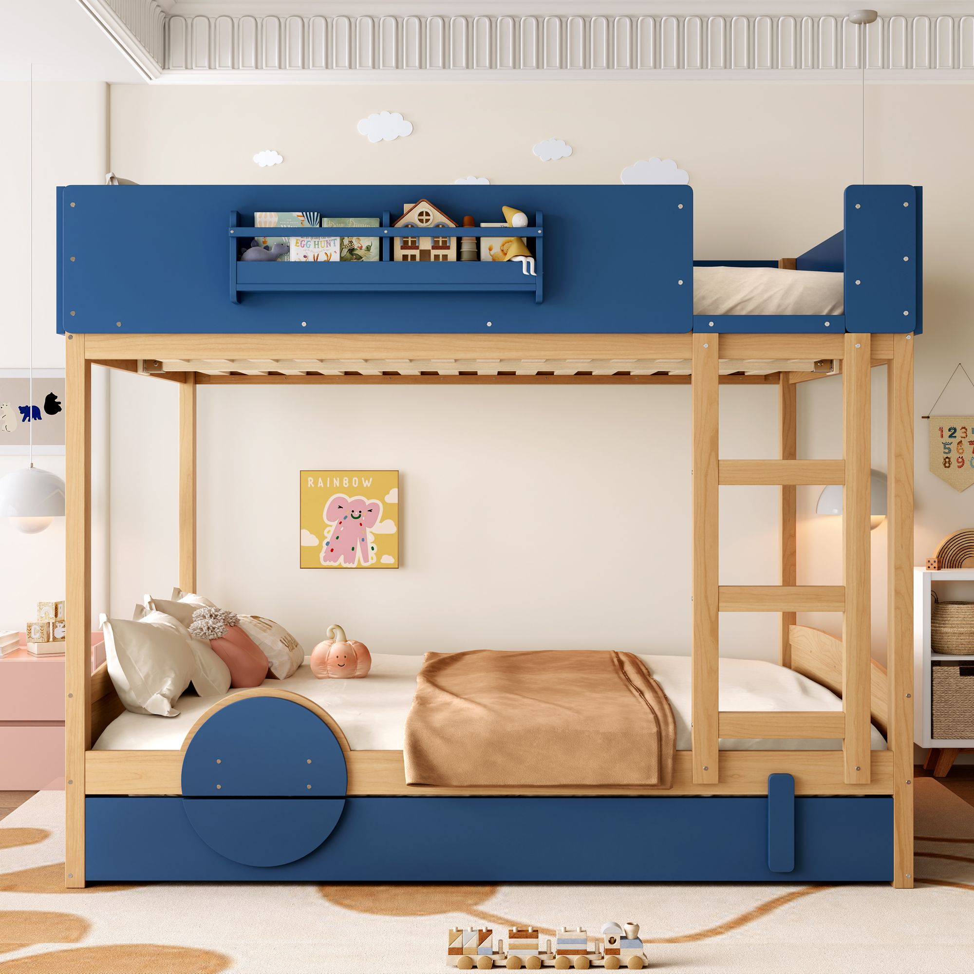 Queen Bunk Bed with Trundle , Wood Bunk Bed Frame with Built-in Bookshelf and High-quality Safety Guardrail,Automobile Form Design for Kids ,Blue＆Natural - Image 2