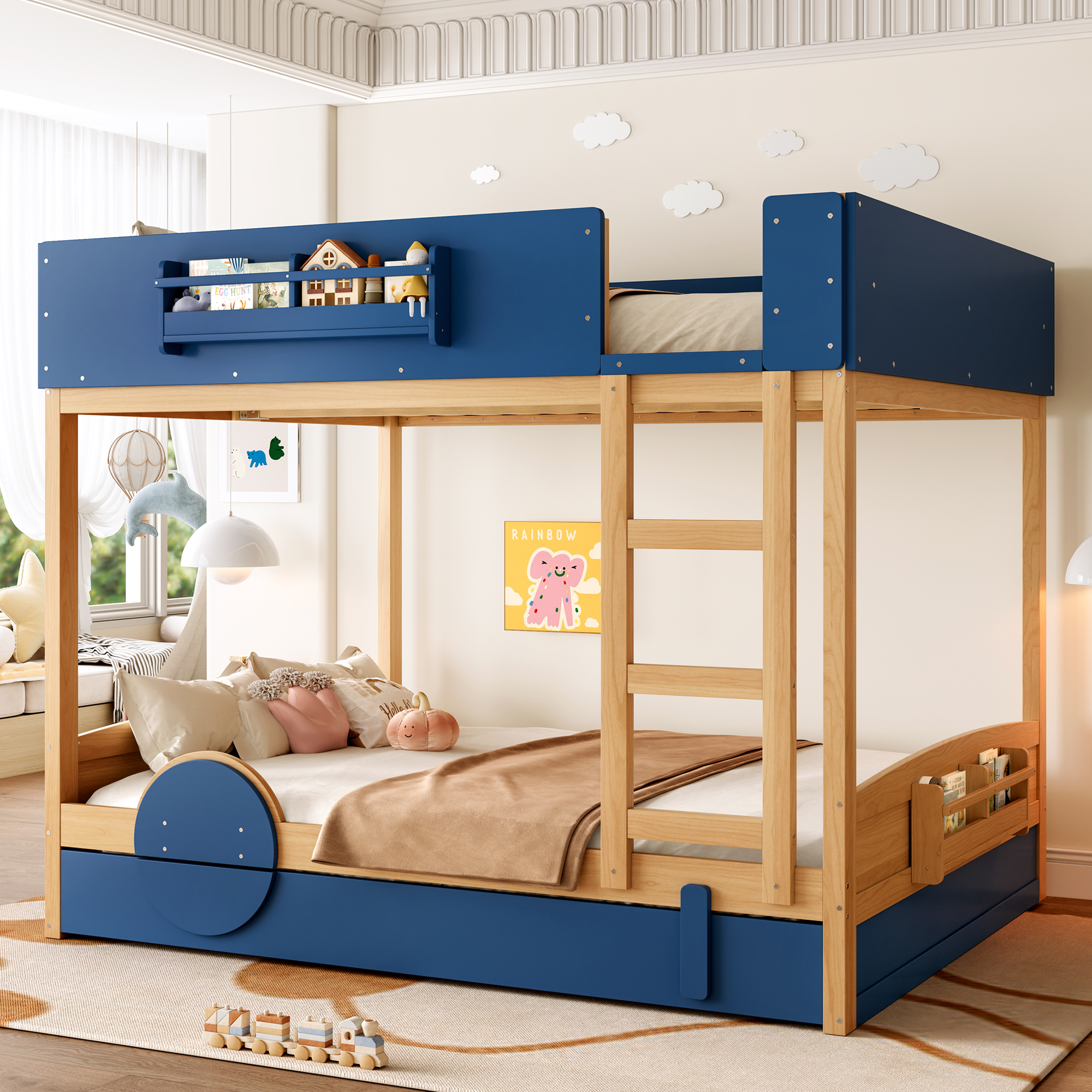 Queen Bunk Bed with Trundle , Wood Bunk Bed Frame with Built-in Bookshelf and High-quality Safety Guardrail,Automobile Form Design for Kids ,Blue＆Natural - Image 3